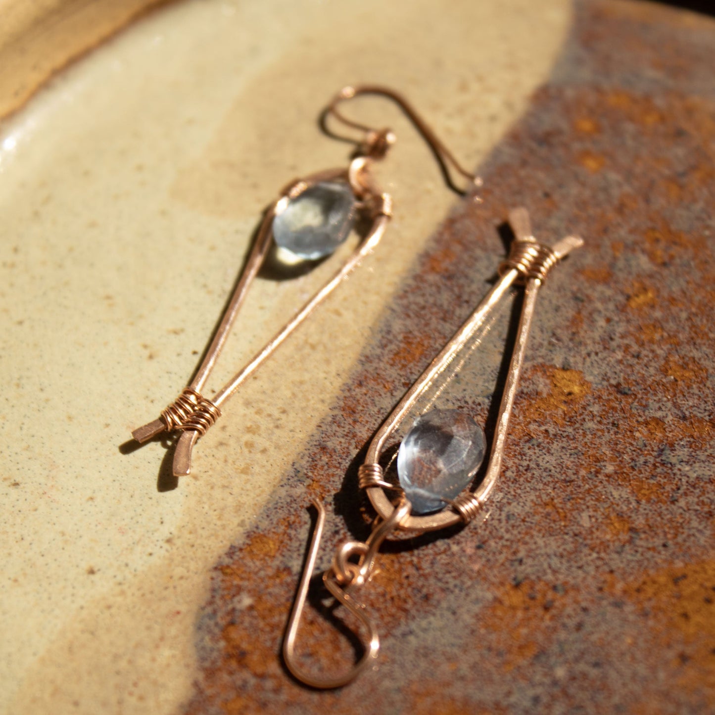 Copper Wire Wrapped Fish earrings with Blue Topaz Briolette