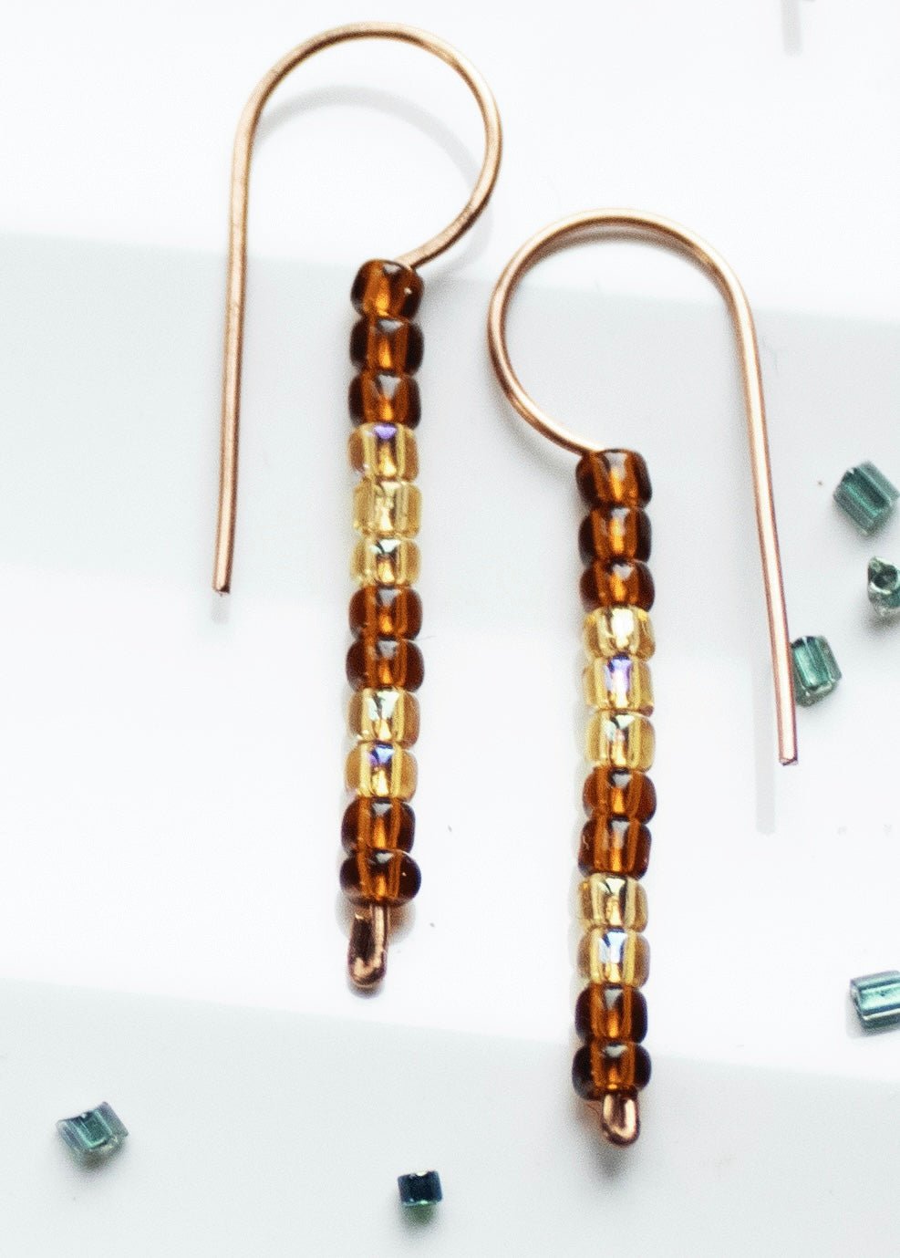 eco-friendly minimalist copper earrings with seed beads handmade by carrie foscato design USA