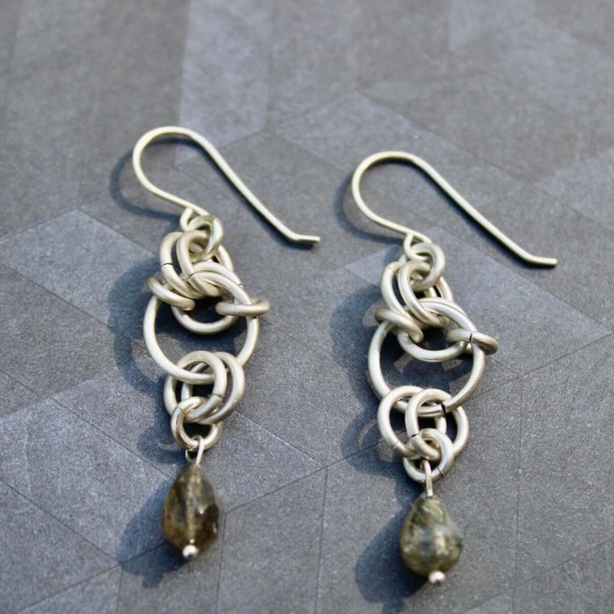Sterling Silver Chainmaille style earrings with teardrop labradorite beads