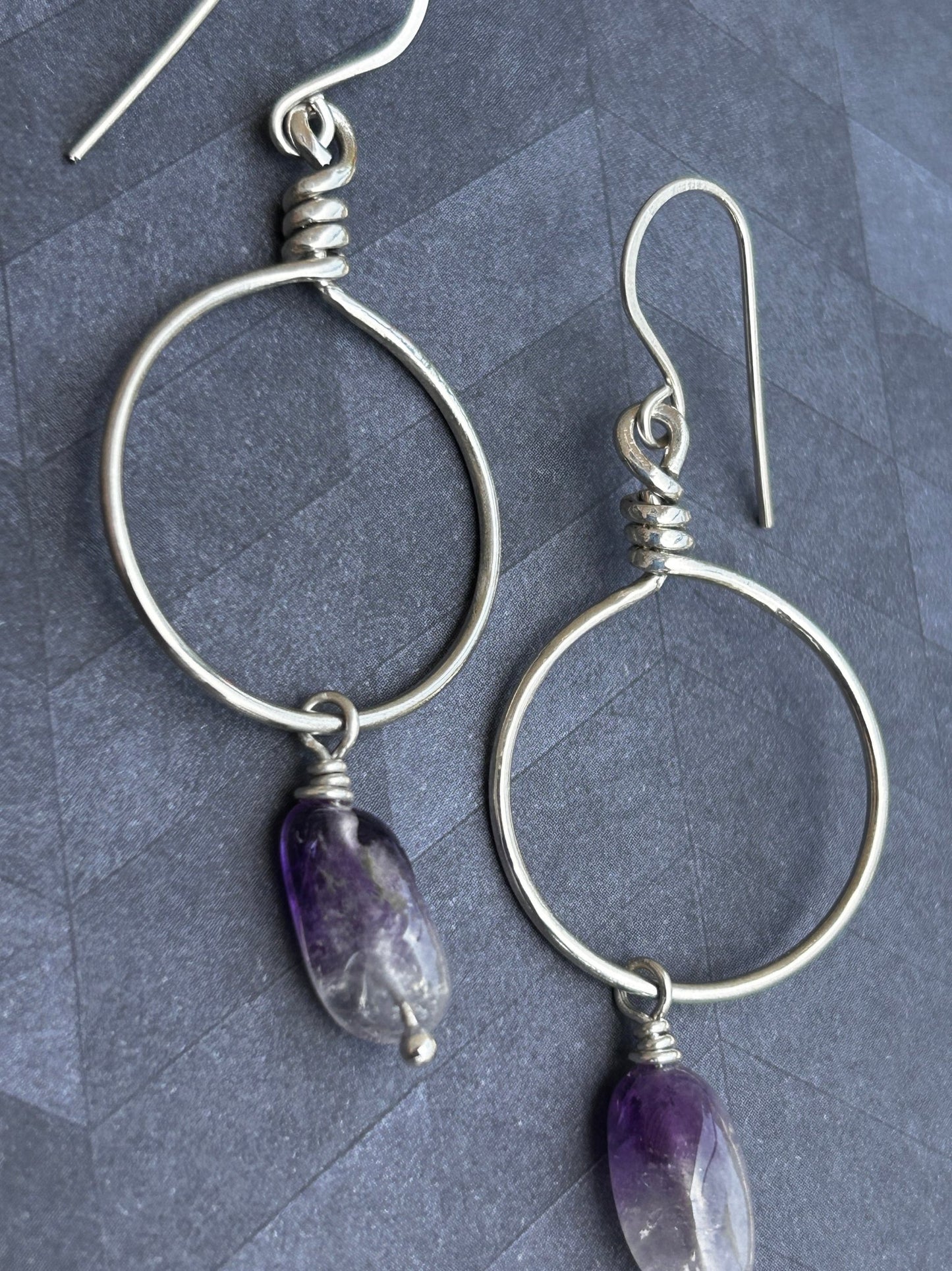 Wire wrapped hoop earrings in sterling silver with amethyst ombré drop gemstones