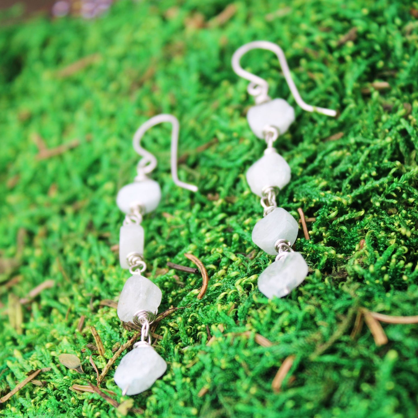 aquamarine coin beads waterfall style sterling silver earrings french ear hooks carrie foscato design handmade in USA