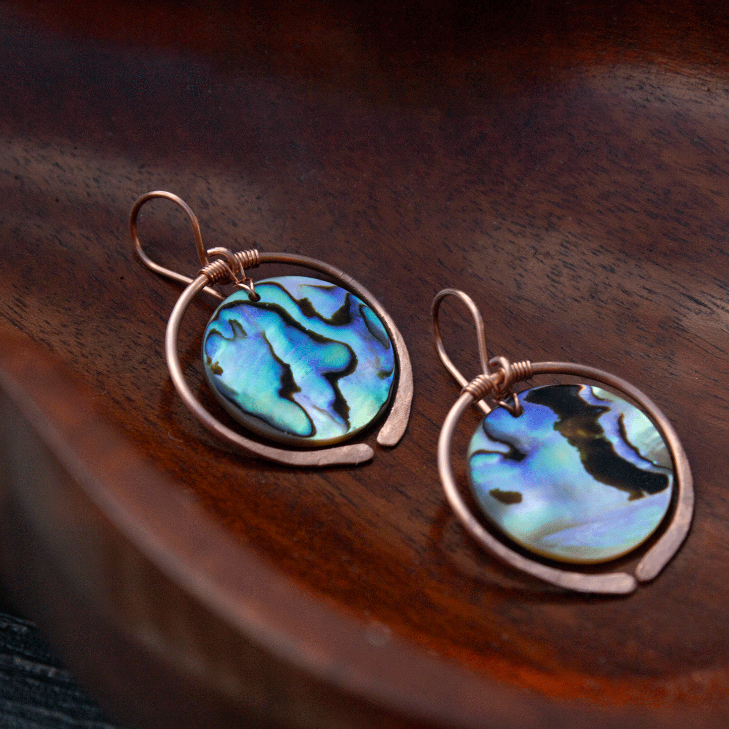 Copper hoop earrings with abalone shells handmade USA