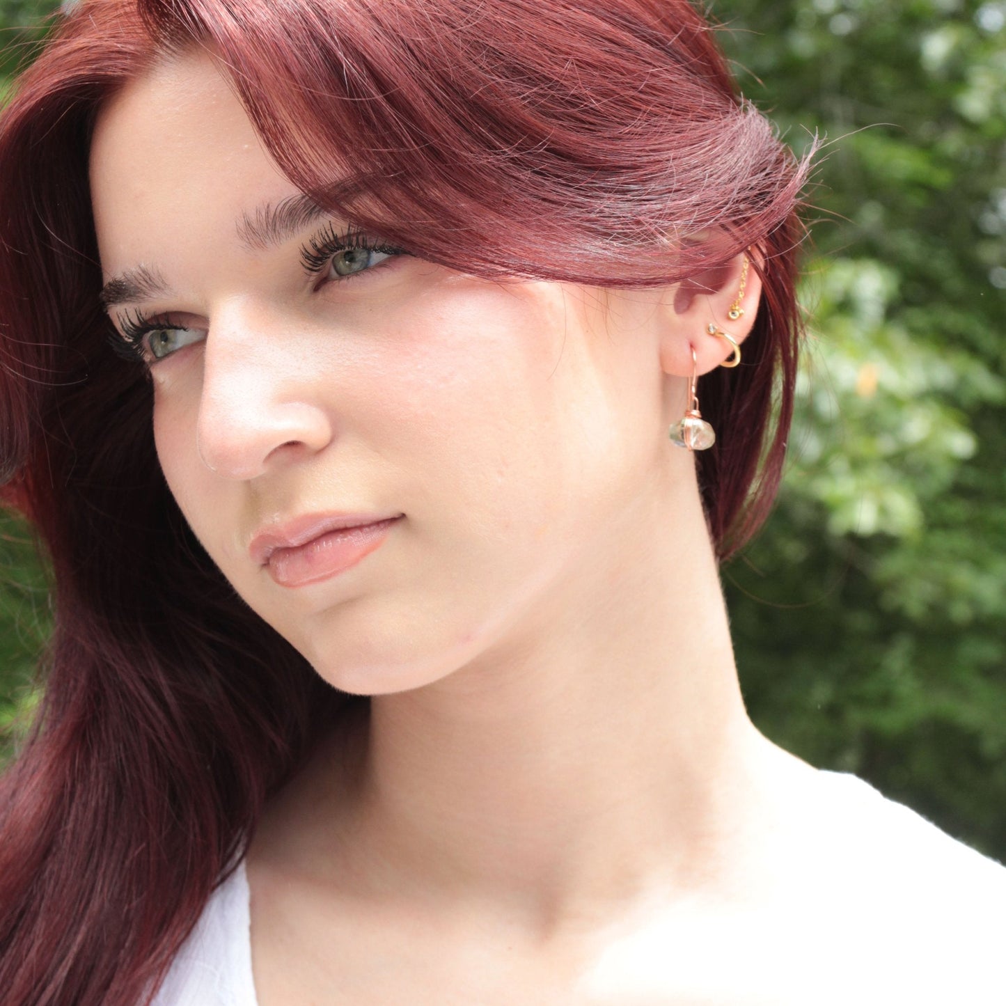 handmade copper wire wrapped earrings with prasiolite chunks. woman-owned Carrie Foscato Design