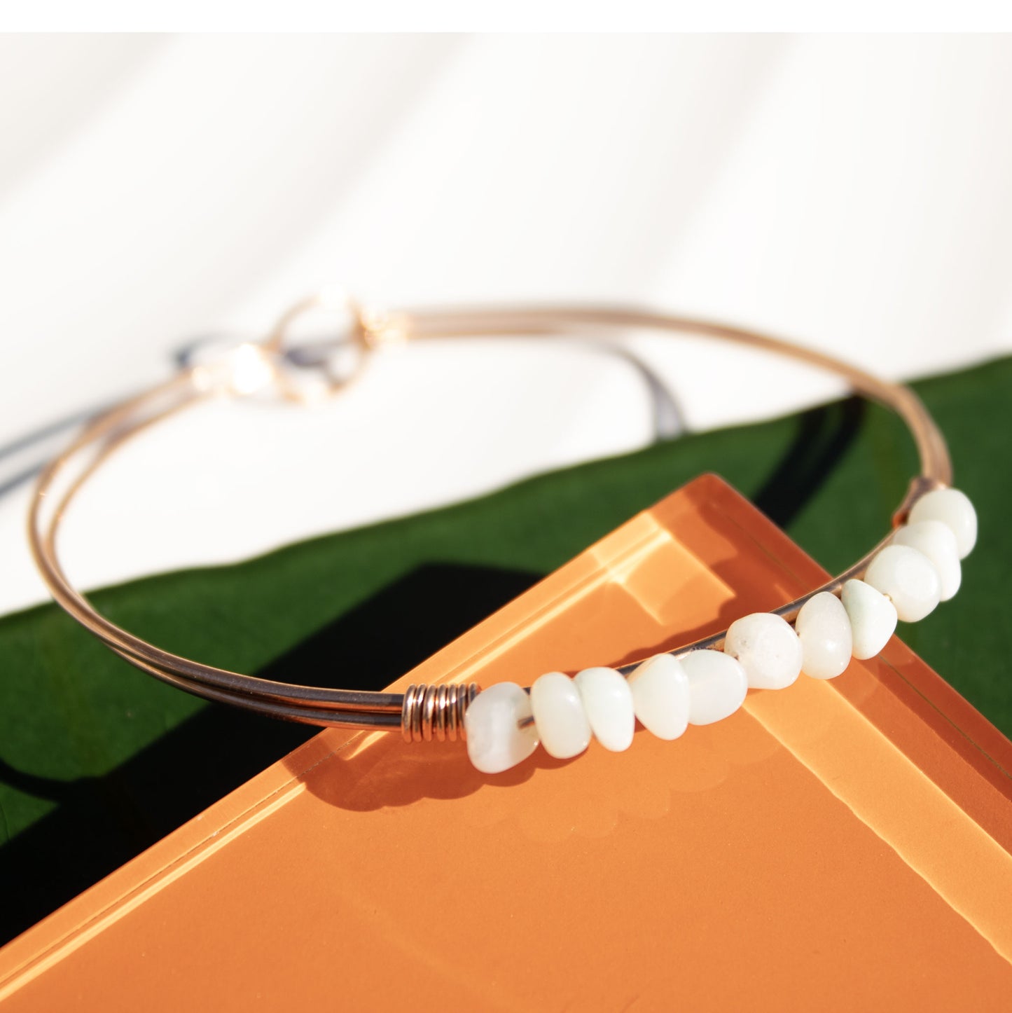 copper bangle bracelet with amazonite pebble beads handmade in USA carrie foscato design