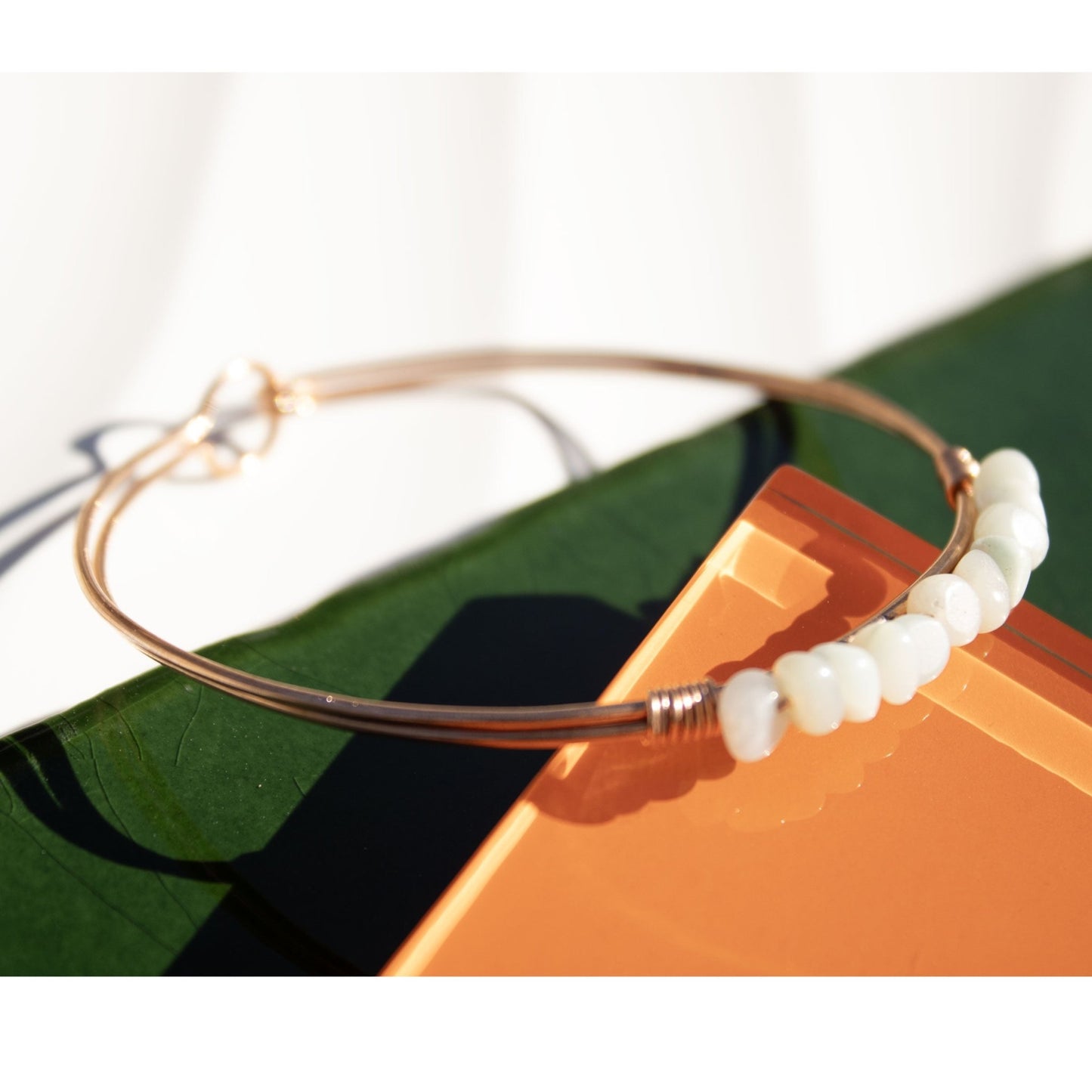 copper bangle bracelet with amazonite pebble beads handmade in USA carrie foscato design