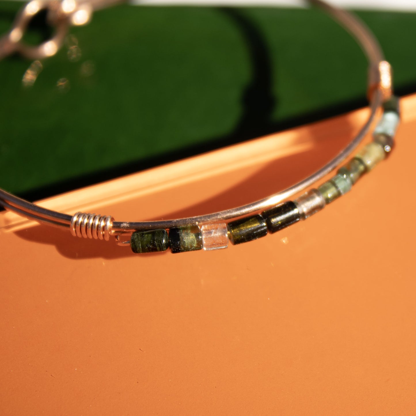 copper bangle bracelet with tourmaline tube beads handmade in USA carrie foscato design