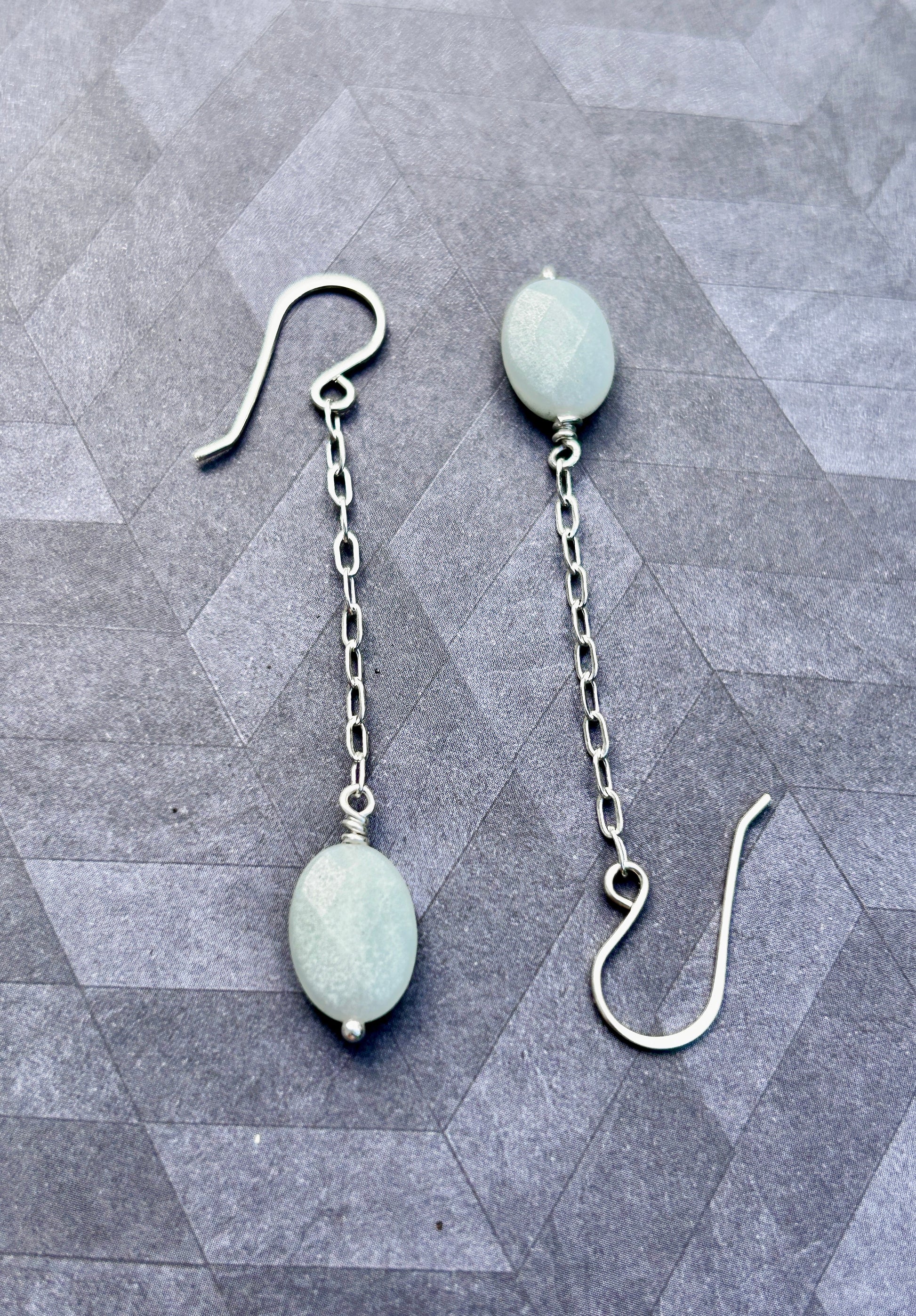 Aquamarine sterling silver chain dangle earrings overhead