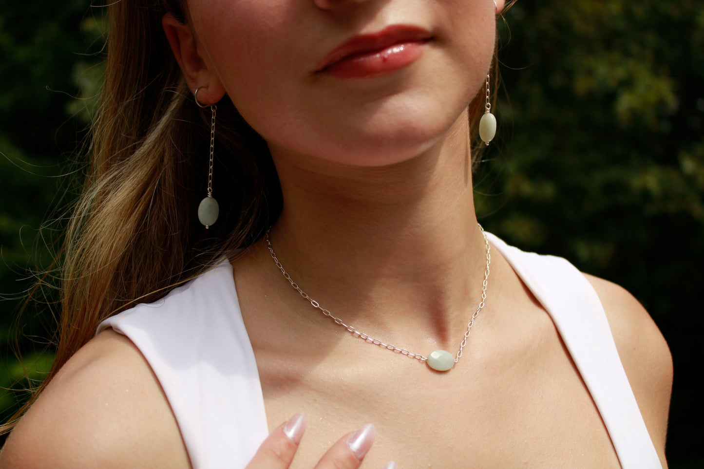 Handmade in Virginia aquamarine chain dangle earrings with matching necklace