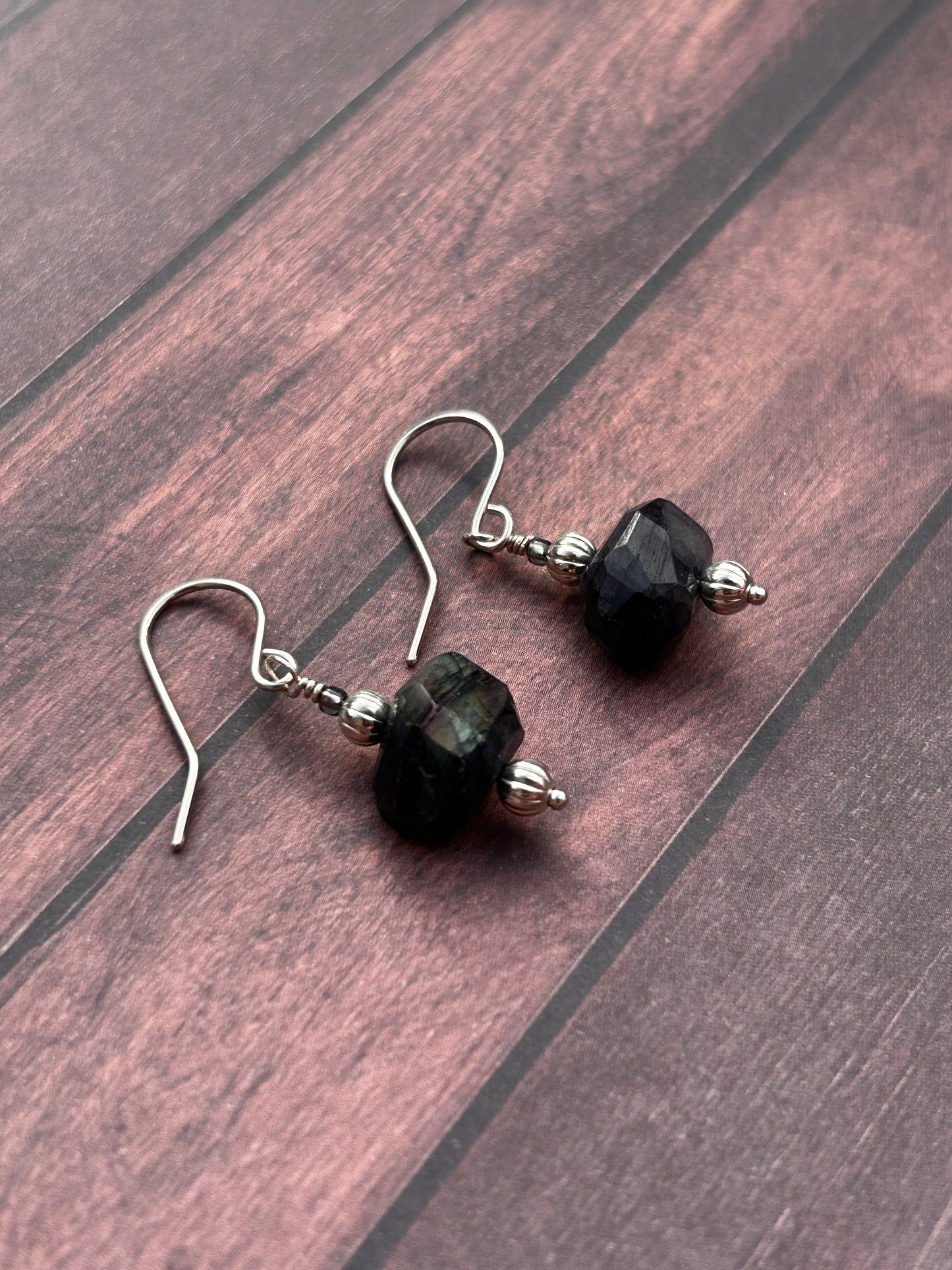 uncut raw chunk labradorite sterling silver earrings handmade wire wrapped iridescent