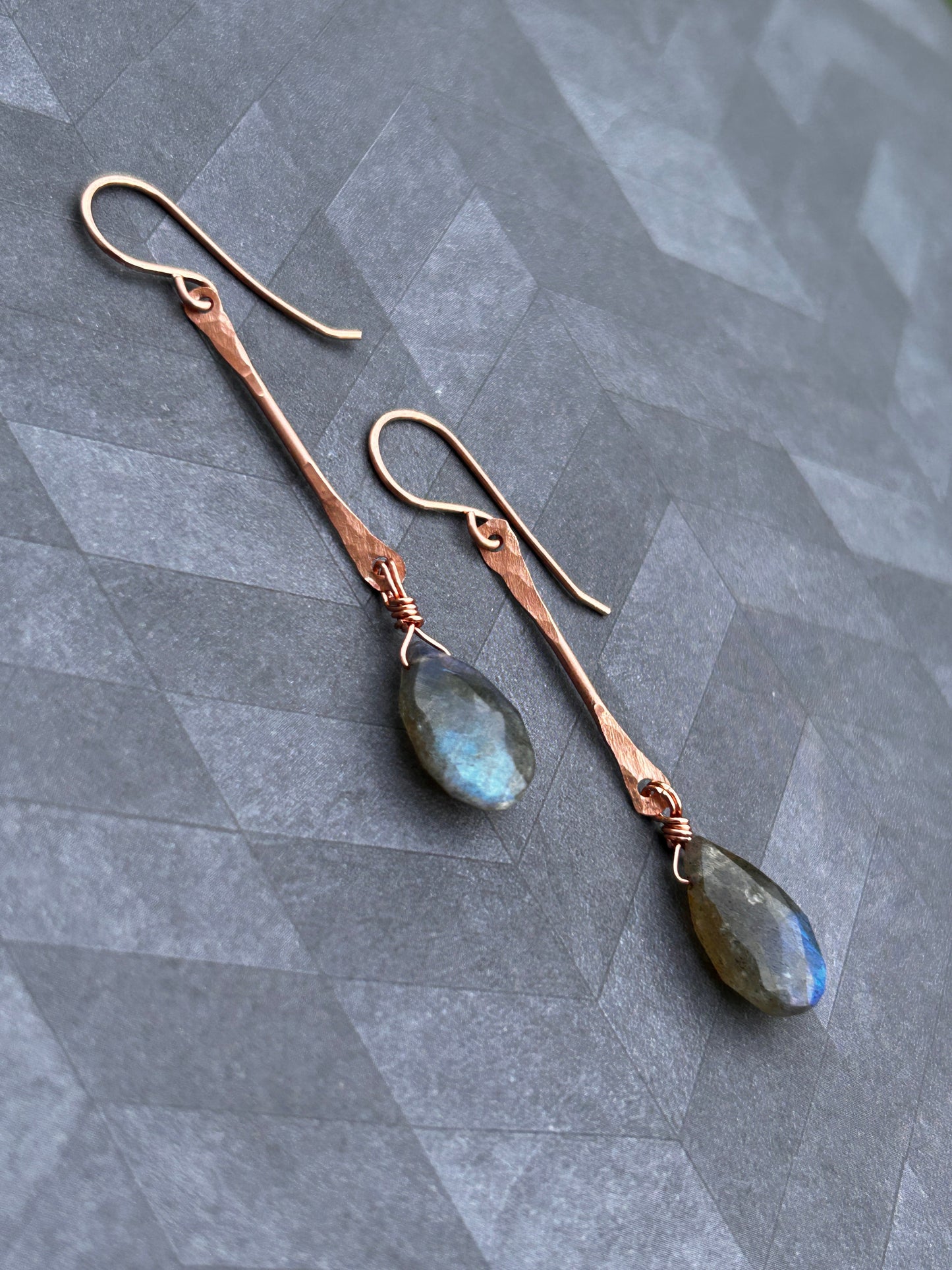 Copper Bar Link Earrings with Labradorite