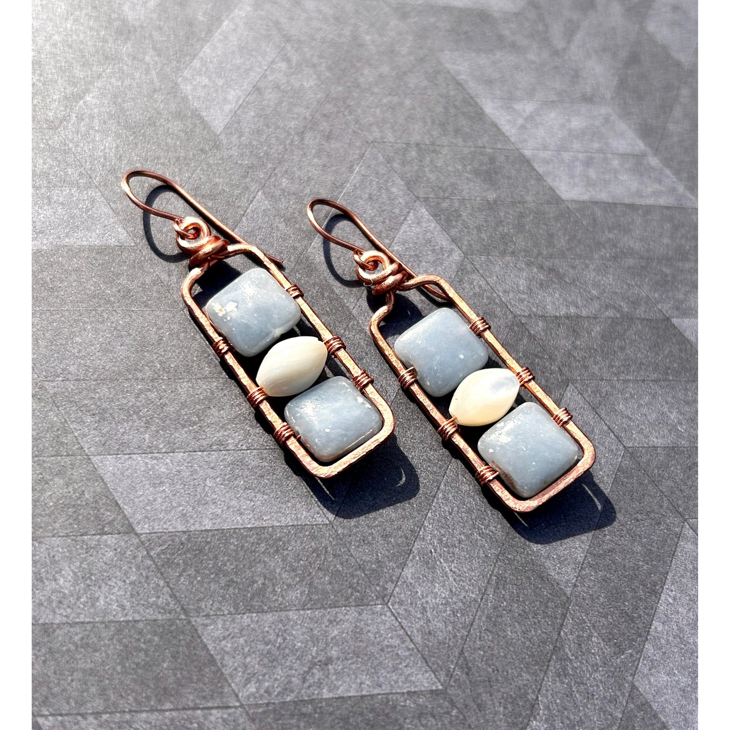 Copper Earring Frames featuring Blue Chalcedony and Mother of Pearl