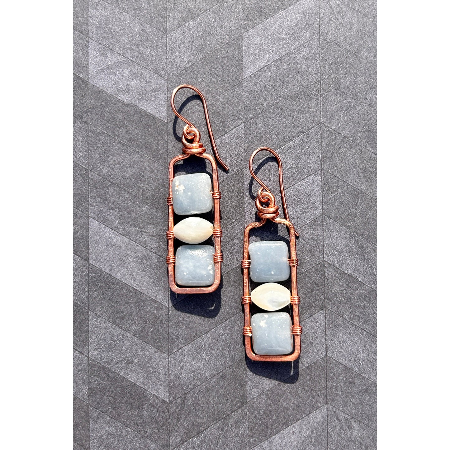 Copper Earring Frames featuring Blue Chalcedony and Mother of Pearl