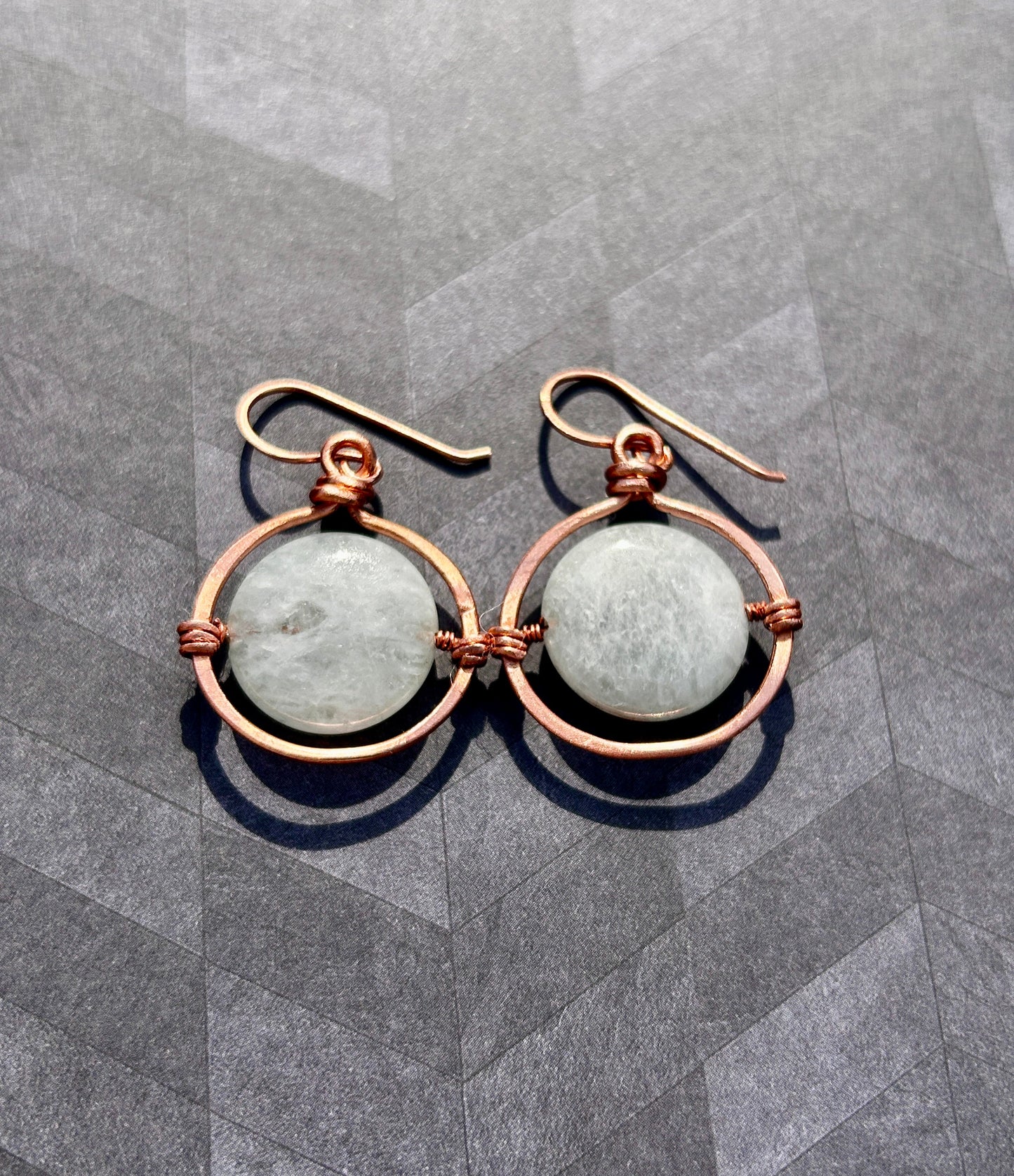 Copper Wire-Wrapped Hoops Set with 22mm Aquamarine Coin Gemstones