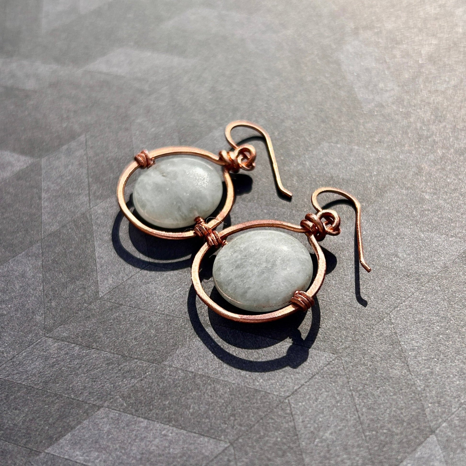Copper Wire Wrapped Hoops with 22mm Aquamarine Coin Gemstones