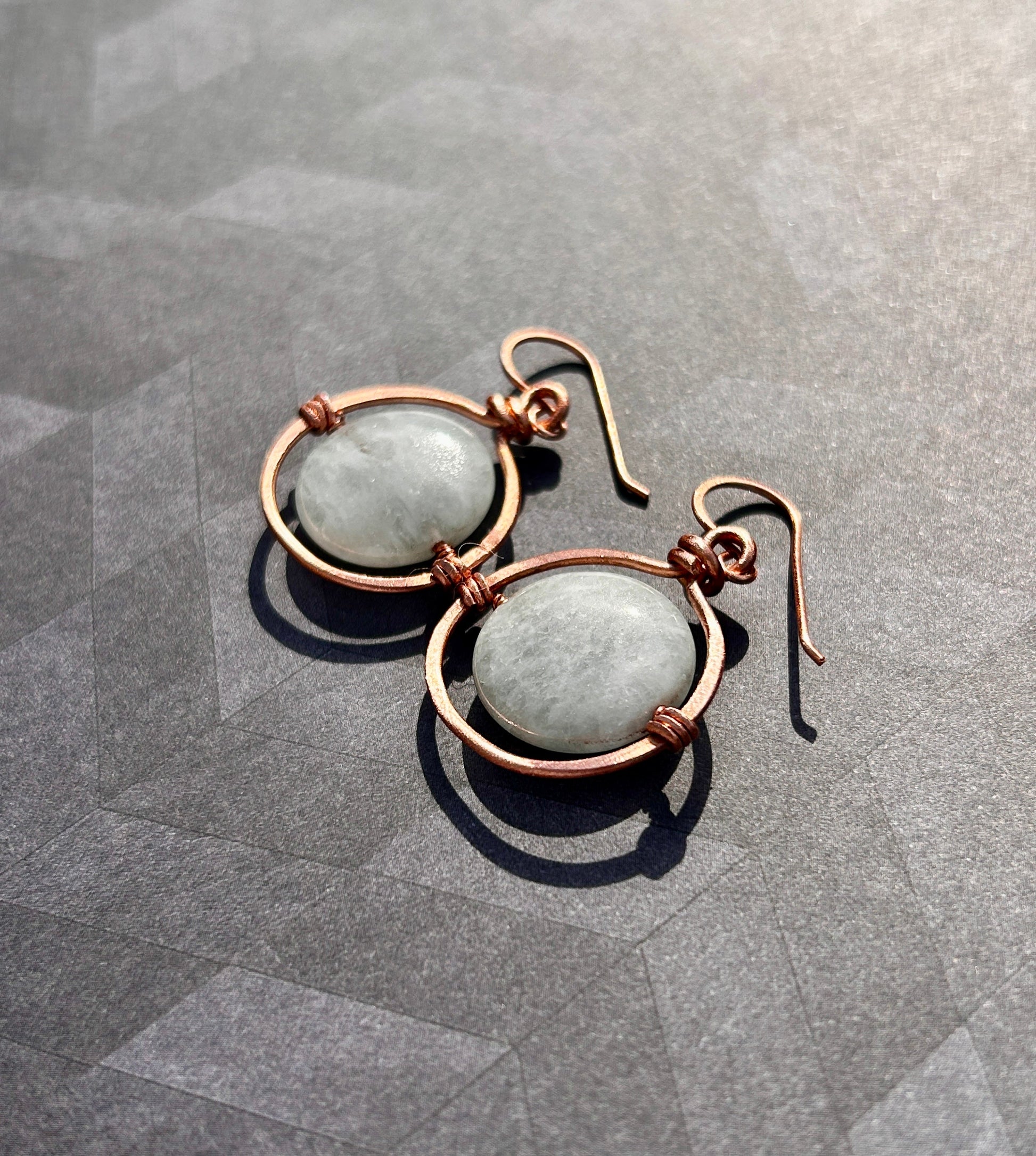 Copper Wire-Wrapped Hoops Set with 22mm Aquamarine Coin Gemstones