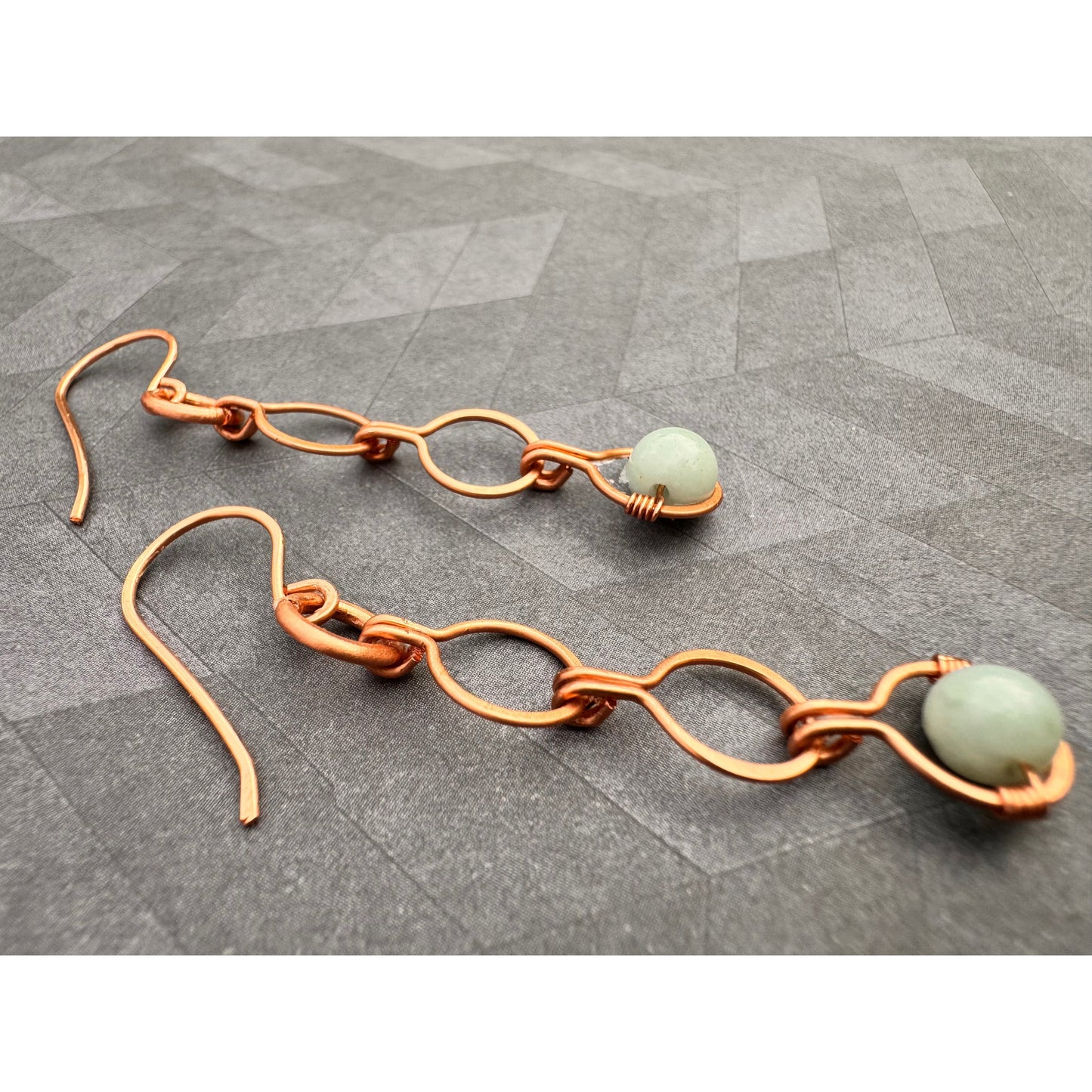 copper triple loop wire wrapped handmade earrings with Aquamarine accent gemstones made in Virginia