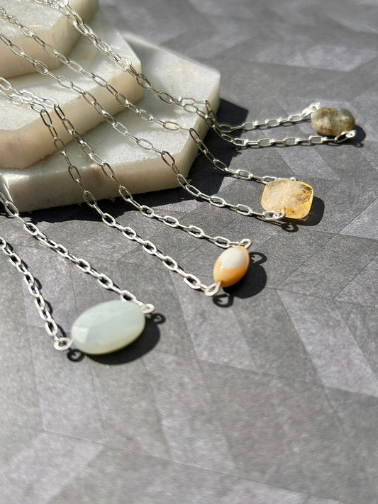 aquamarin mother of pearl citrine labaradorite cable chain handmade necklace sterling silver made in Virginia