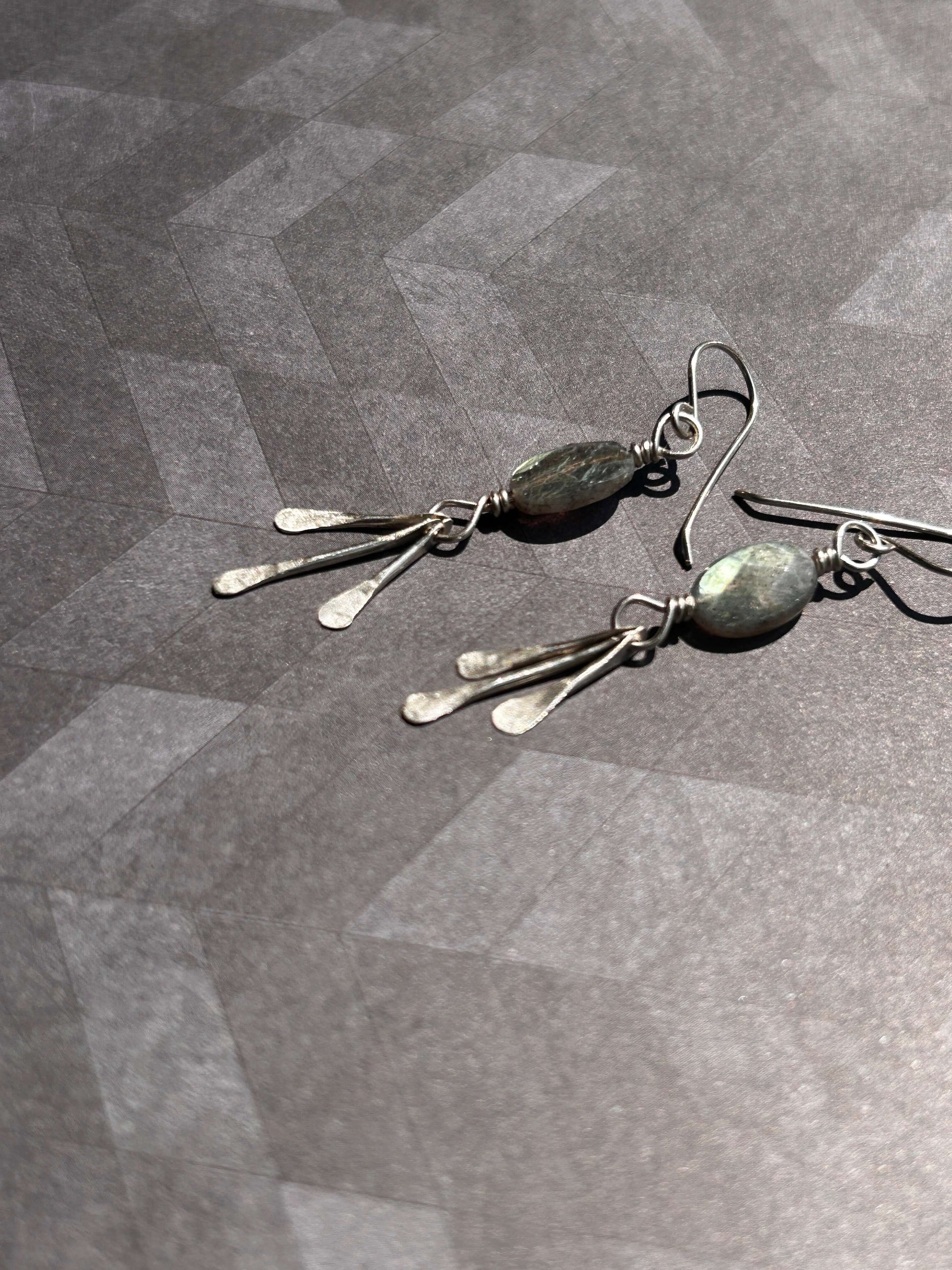 Sterling silver handmade hammered fringe labradorite dangle earrings made in Virginia