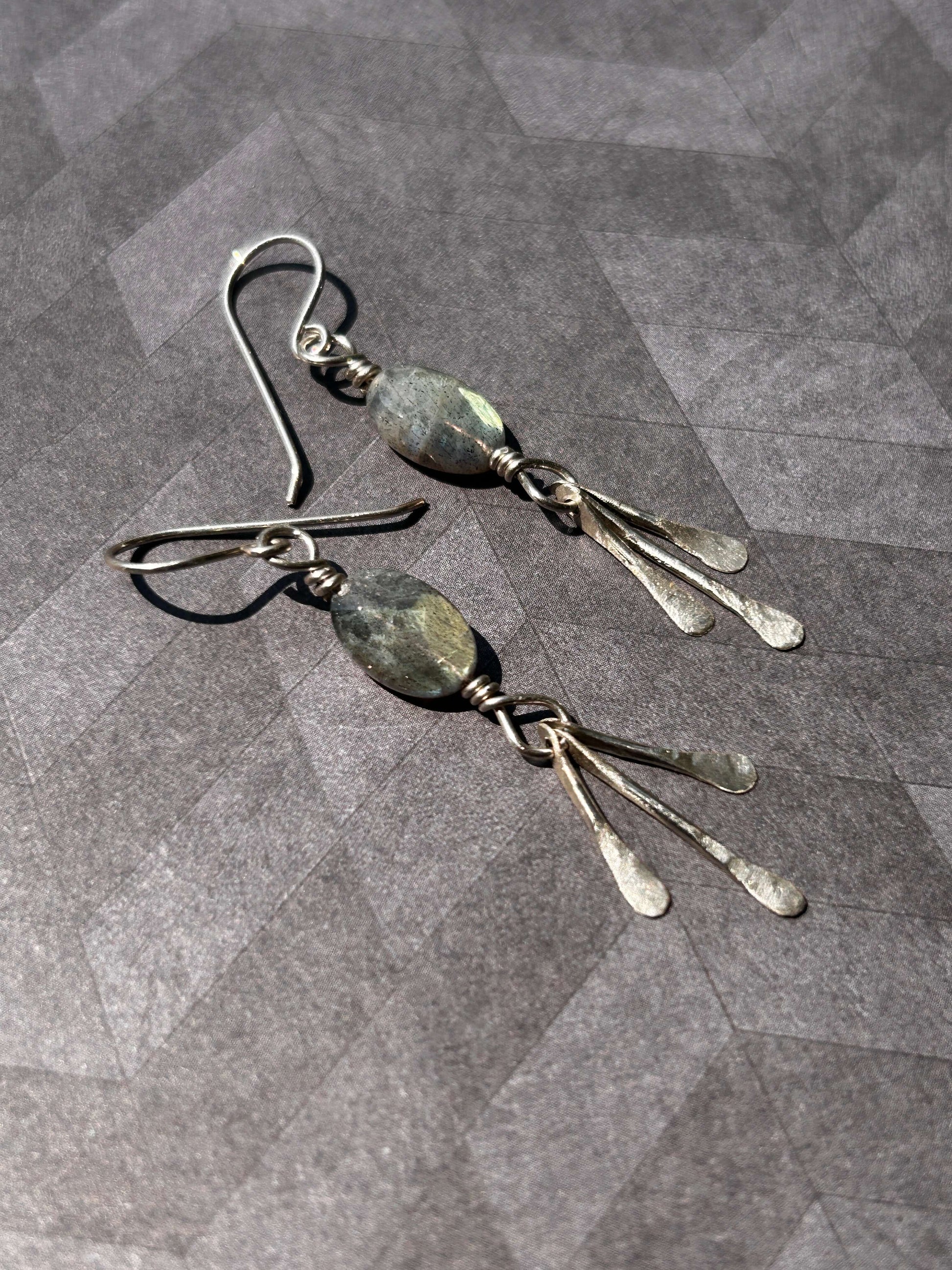 Sterling silver handmade hammered fringe labradorite dangle earrings made in Virginia