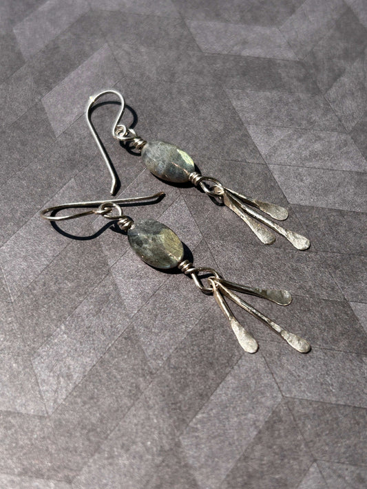 Sterling silver handmade hammered fringe labradorite dangle earrings made in Virginia