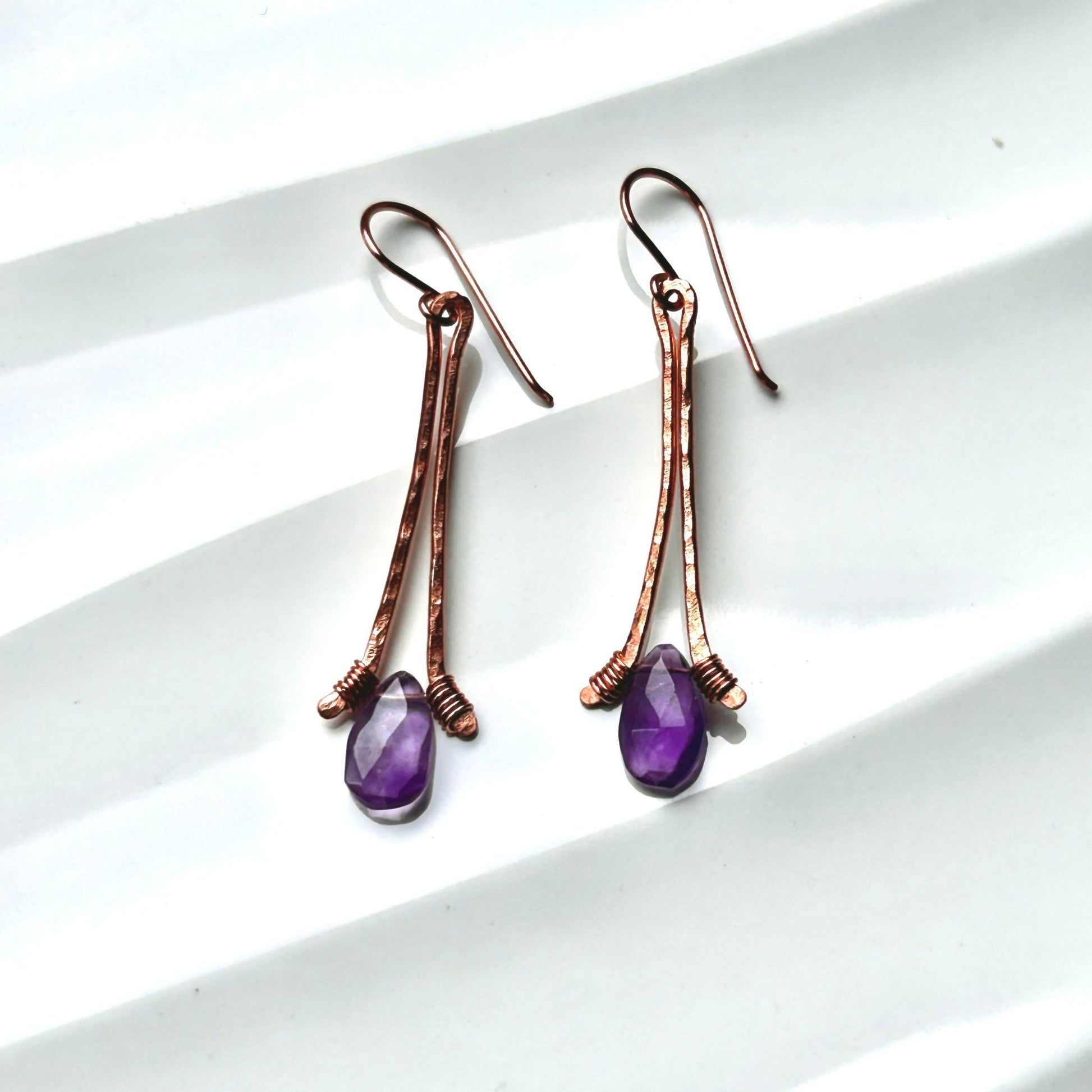 Hammered copper handmade wire wrapped drop earrings with amethyst briolette