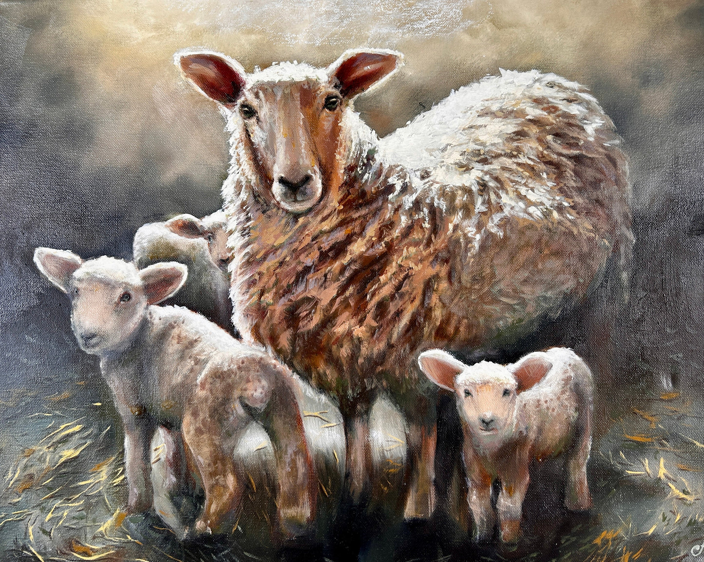 "Mama and Three Little Ones" Original Oil Painting sheep lambs farm