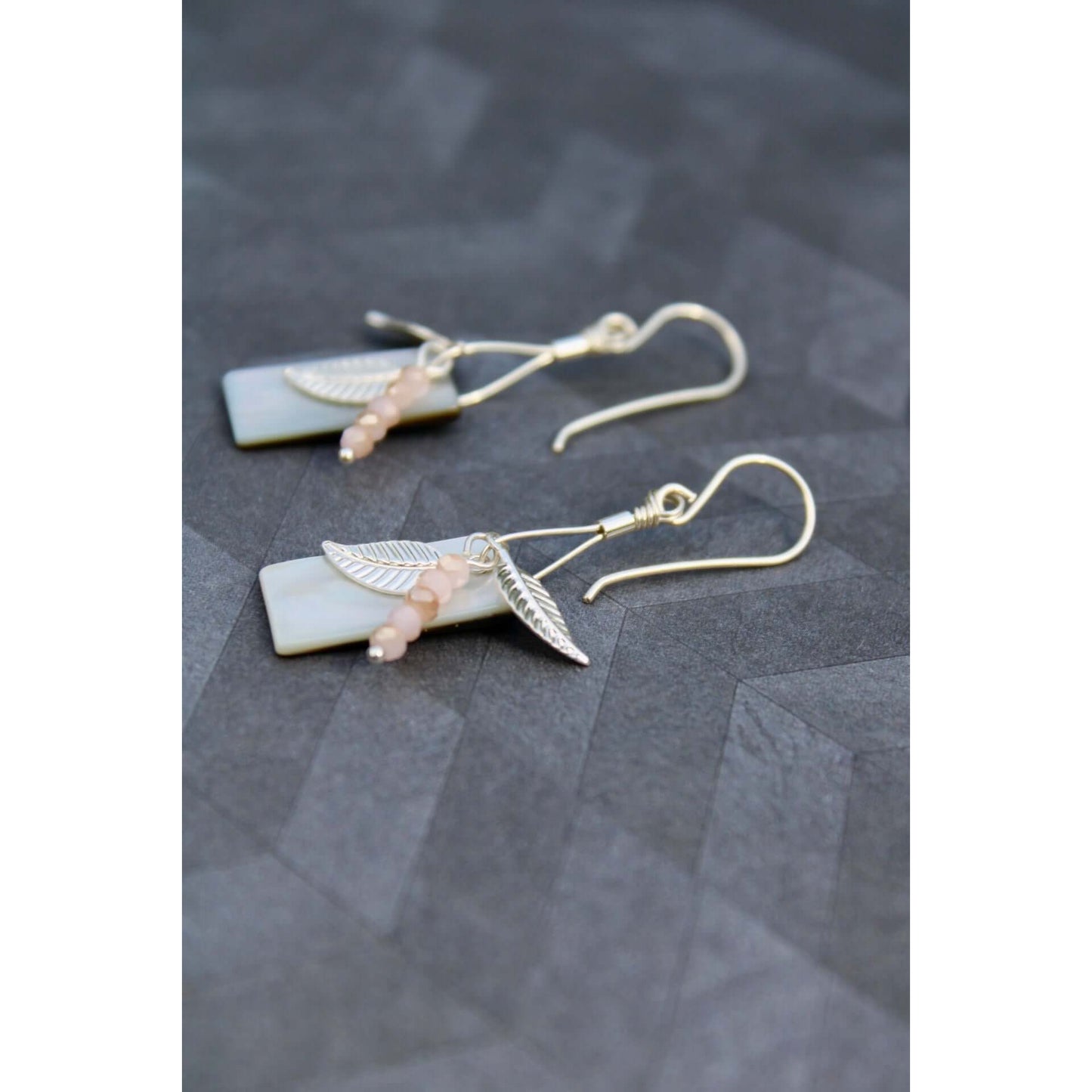 Mother-of-Pearl and Rose Quartz with leaf detail Sterling Silver Earrings