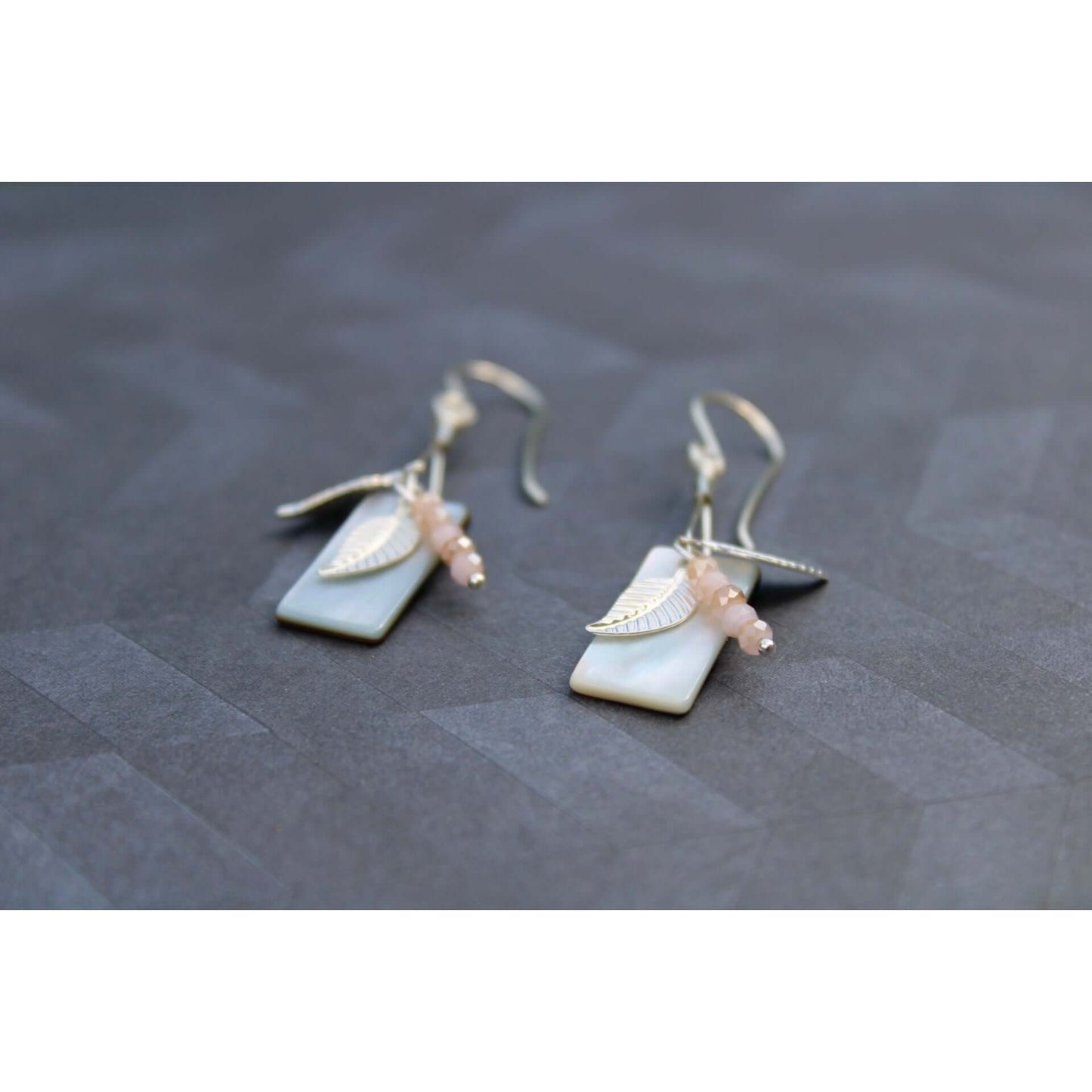 Mother-of-Pearl and Rose Quartz with leaf detail Sterling Silver Earrings