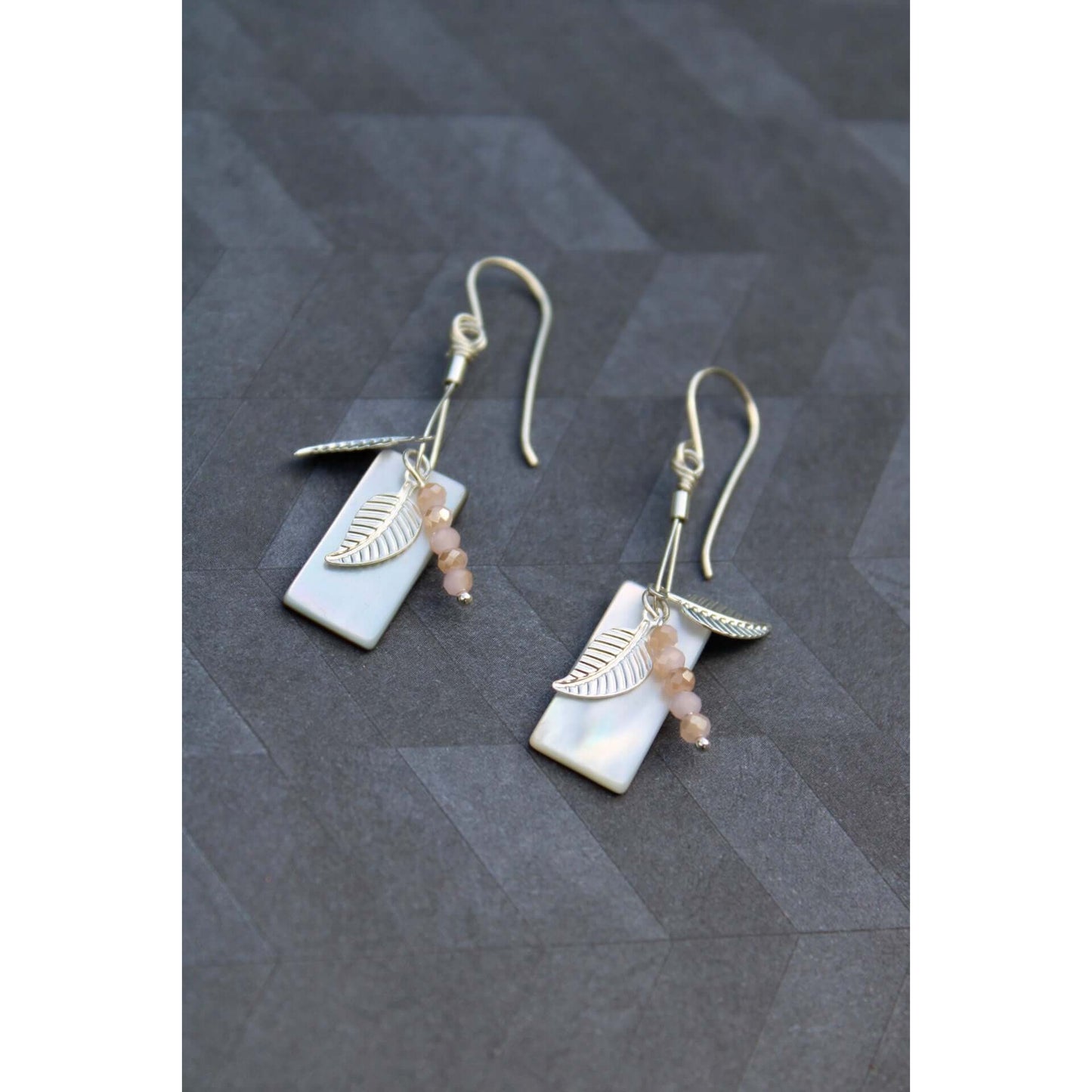 Mother-of-Pearl and Rose Quartz with leaf detail Sterling Silver Earrings