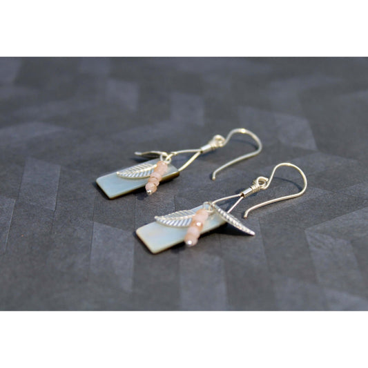 Mother-of-Pearl and Rose Quartz with leaf detail Sterling Silver Earrings