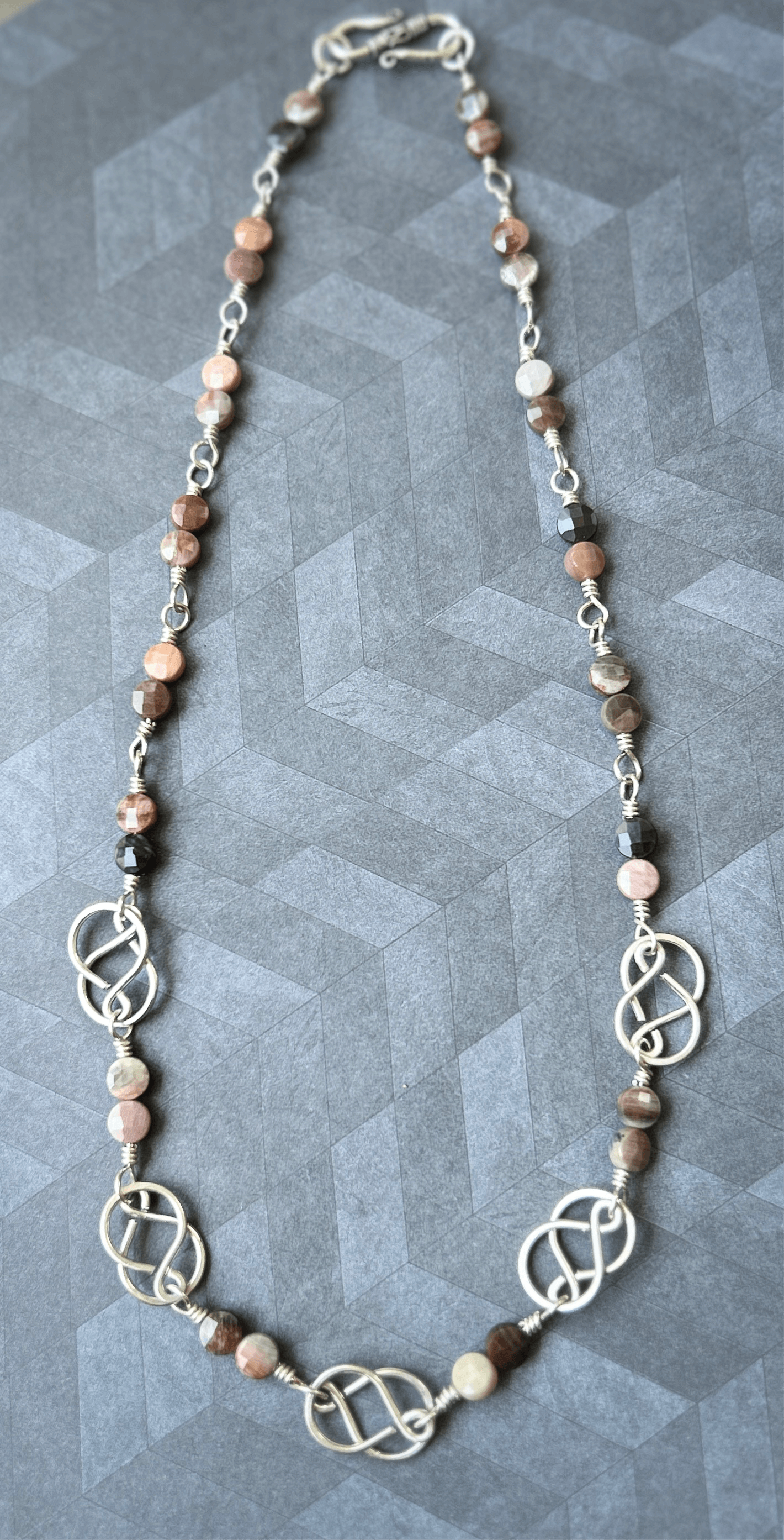 Sterling silver handmade petrified wood beaded necklace