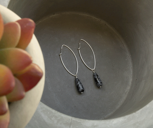 Handmade snowflake obsidian teardrop sterling silver earrings