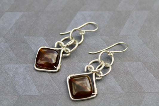 Sterling Silver Chain-mail style earrings with Brown Agate Gemstones