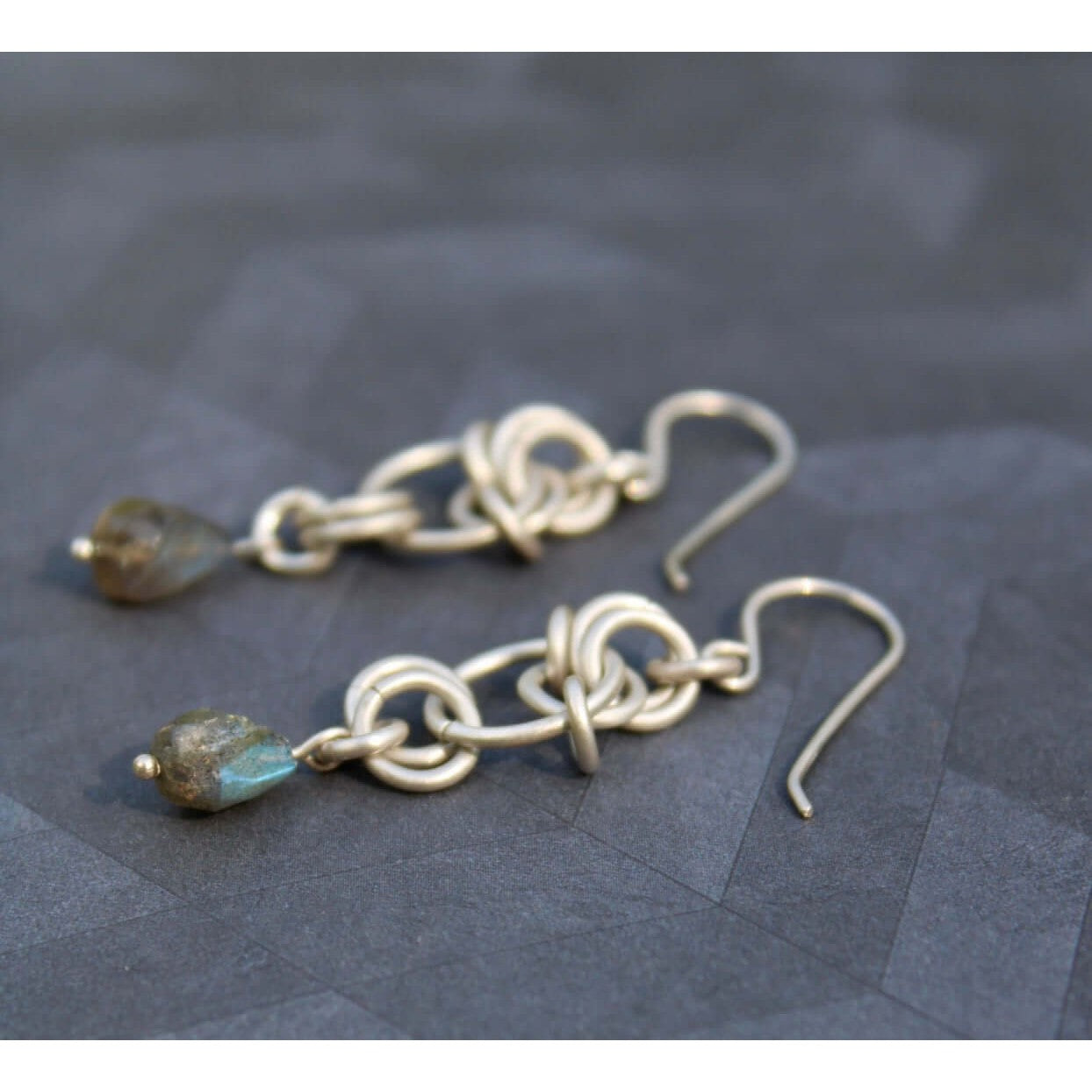 Artisan handmade chainmaille sterling silver earrings labradorite