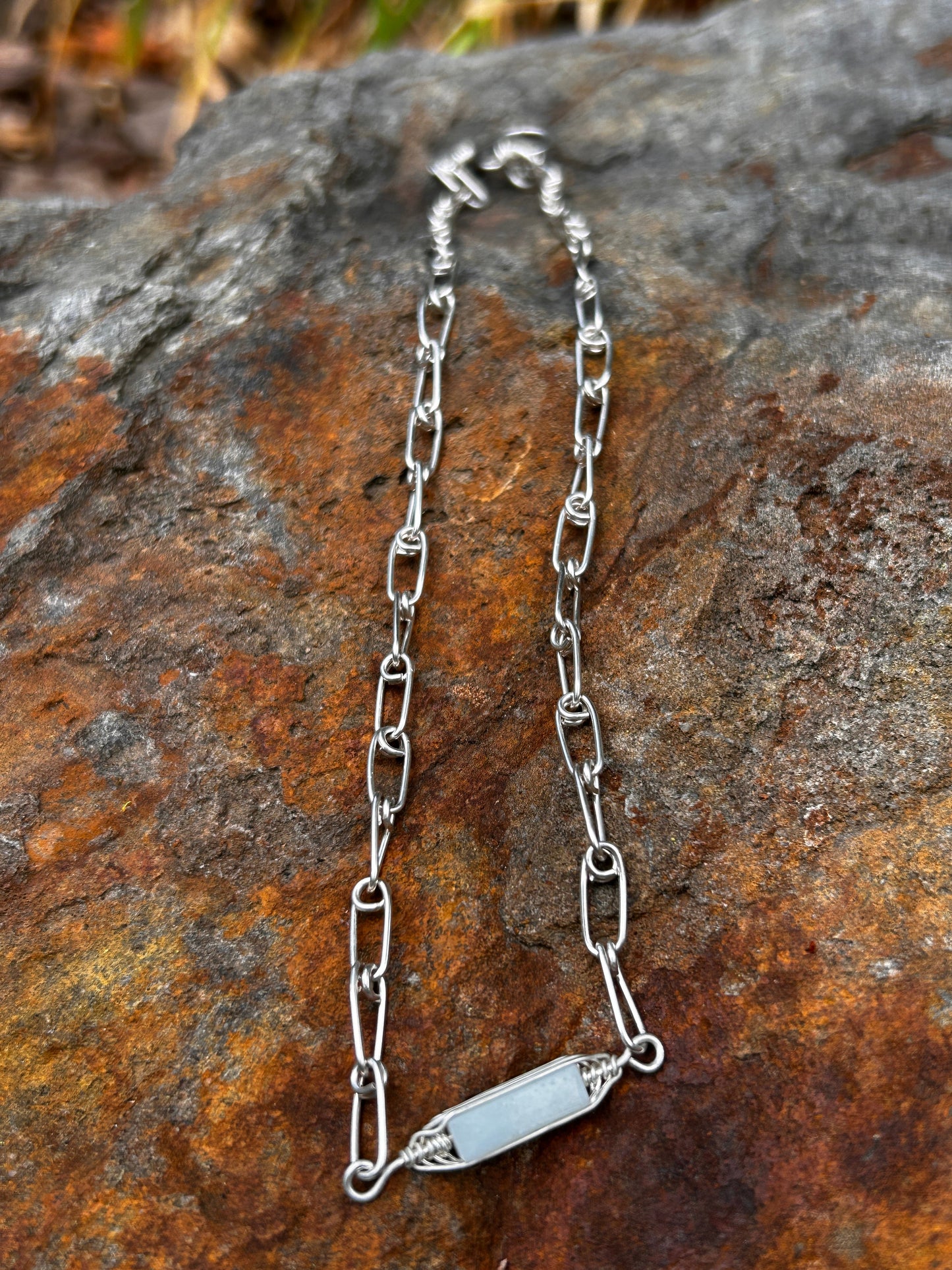 Sterling silver paper-clip chain necklace without amazonite