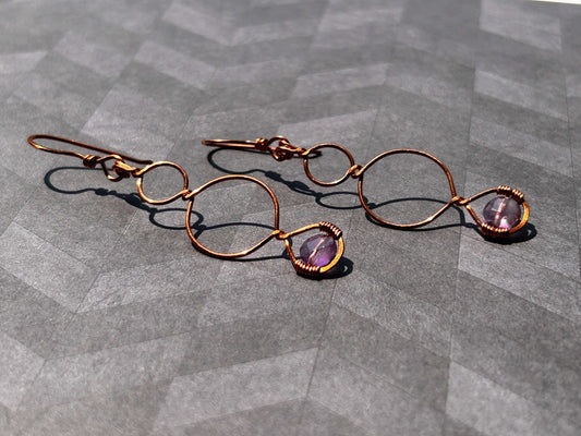 Triple Loop Copper Earrings with Amethyst