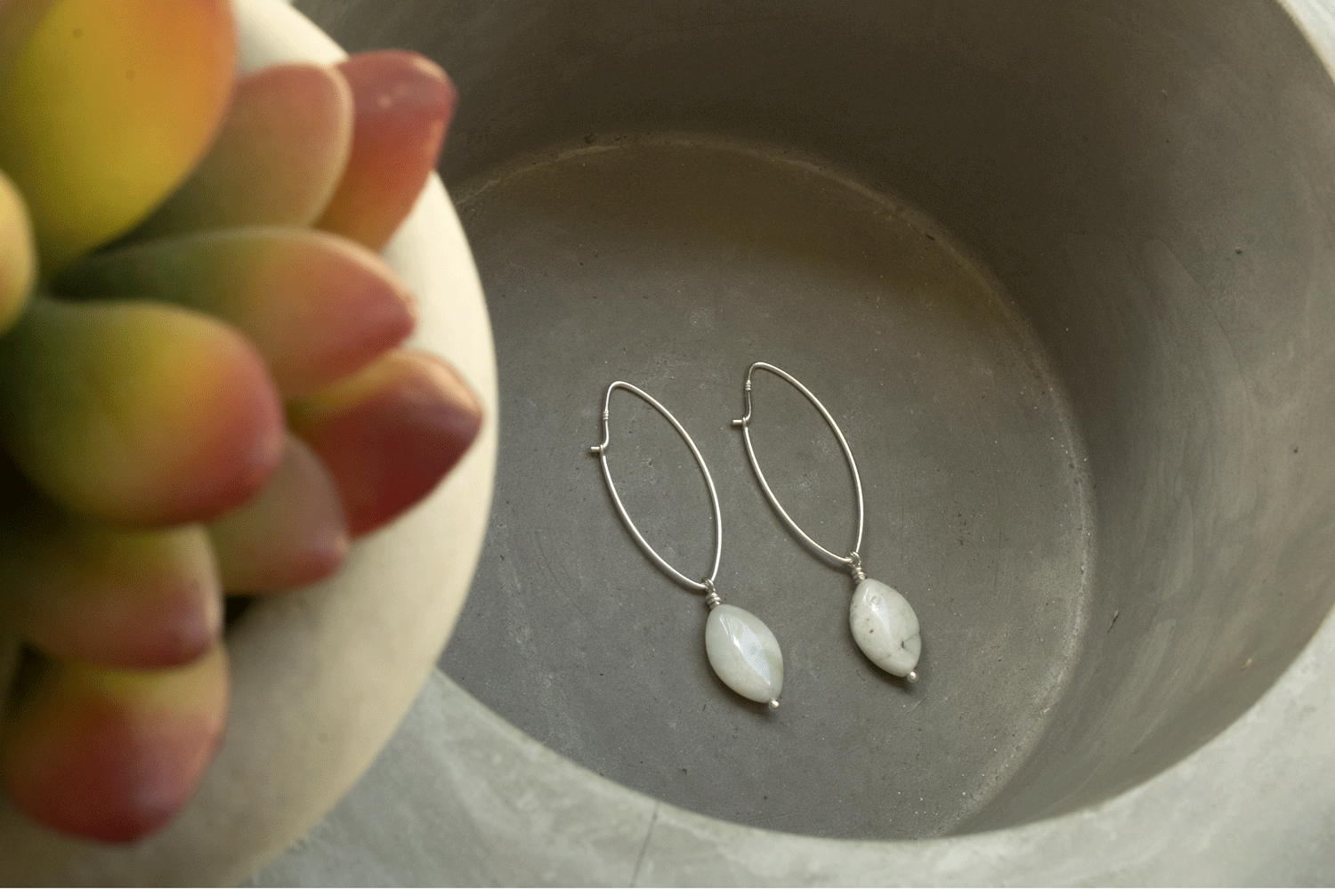 white amazonite teardrop wire wrapped sterling silver earrings