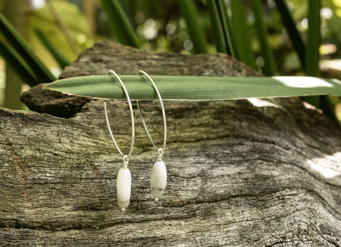 white amazonite teardrop wire wrapped sterling silver earrings