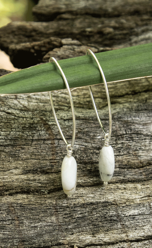 white amazonite teardrop wire wrapped sterling silver earrings