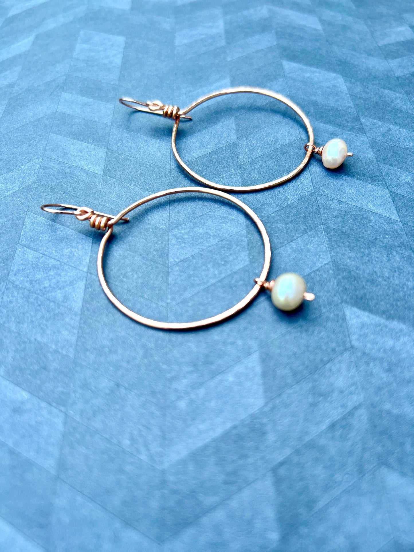 Wire wrapped Copper Hoop Earrings with Pearl Drop