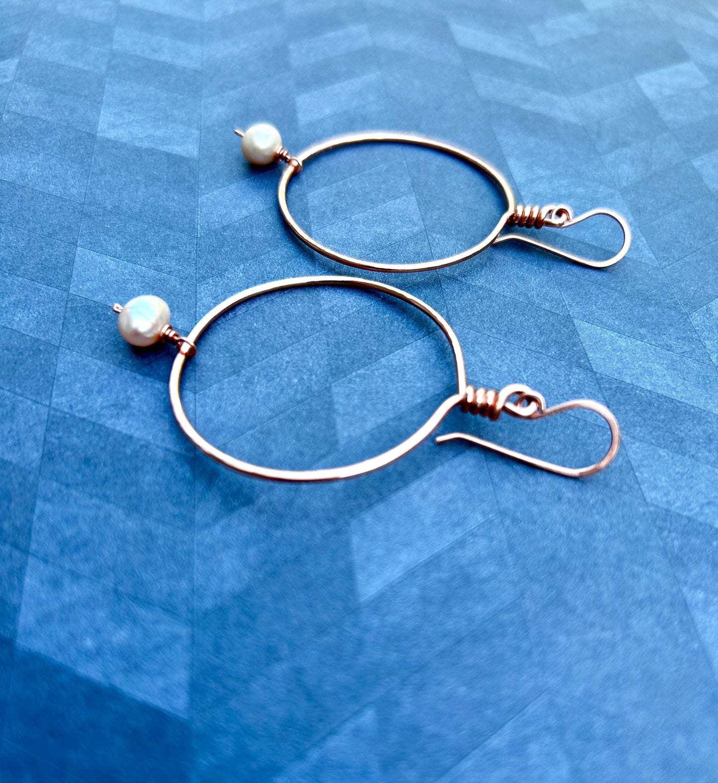 Wire wrapped Copper Hoop Earrings with Pearl Drop