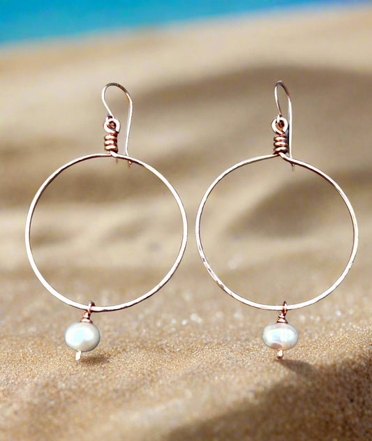 Wire wrapped Copper Hoop Earrings with Pearl Drop