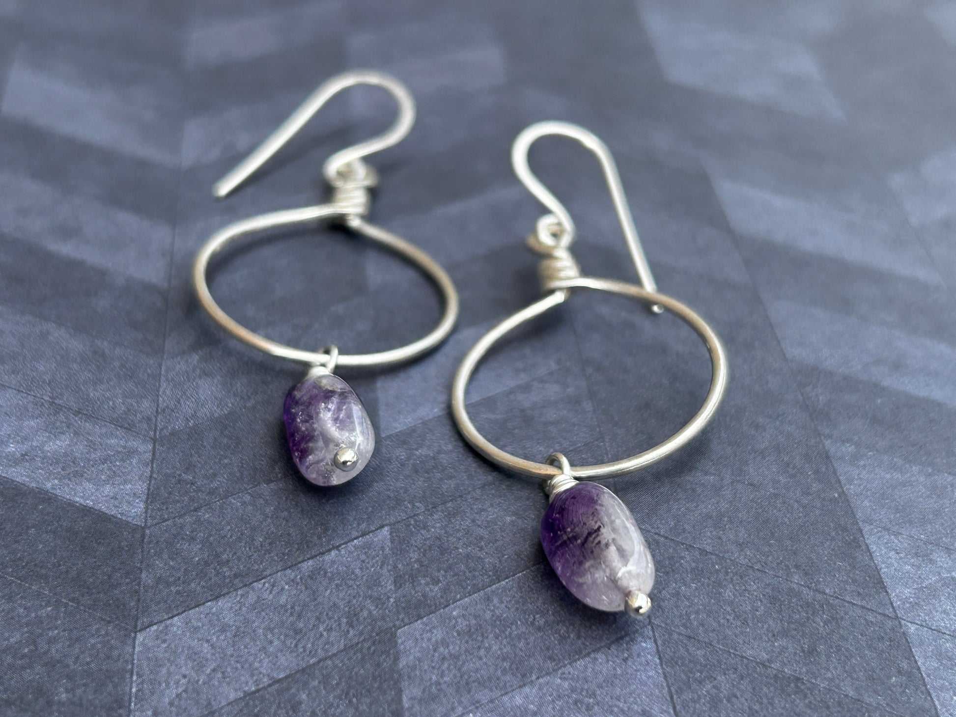 Wire wrapped hoop earrings in sterling silver with amethyst ombré drop gemstones handmade jewelry in Virginia