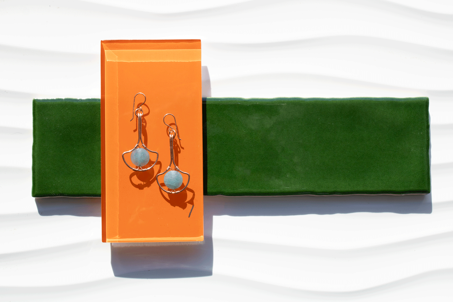 art deco copper earrings with blue quartz gem stones