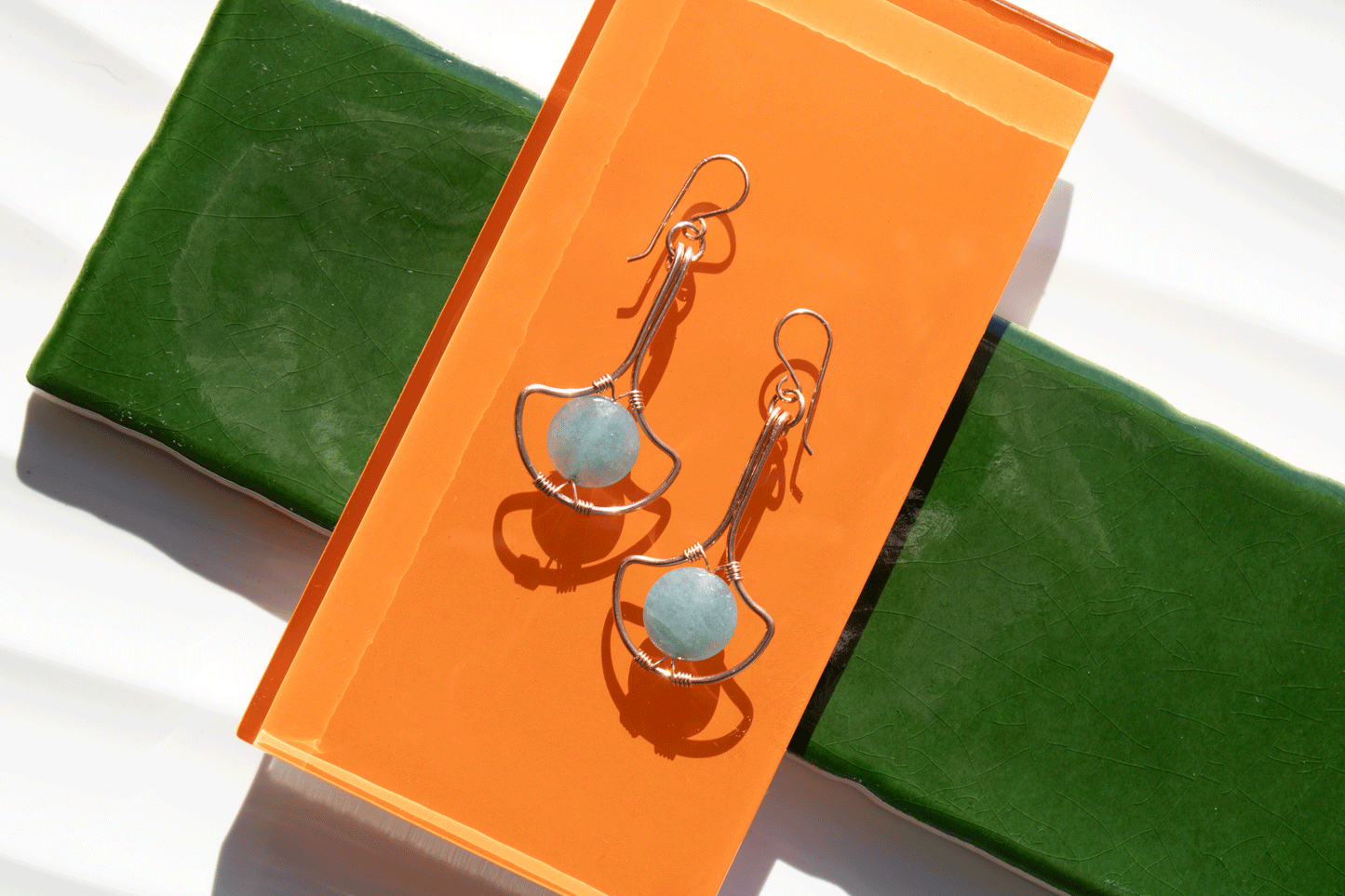 art deco copper earrings with blue quartz gem stones