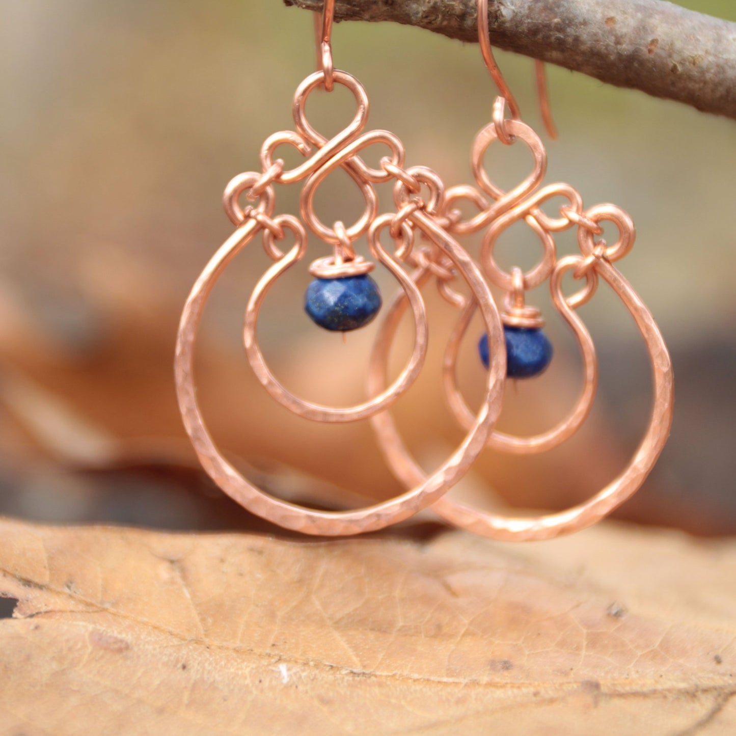 Copper Chandelier Earrings with Lapis Drops