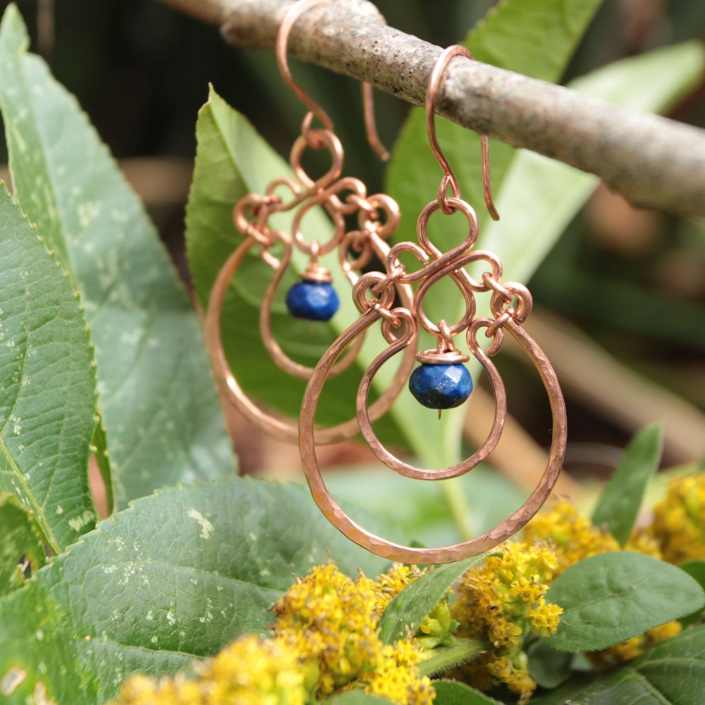 Copper Chandelier Earrings with Lapis Drops