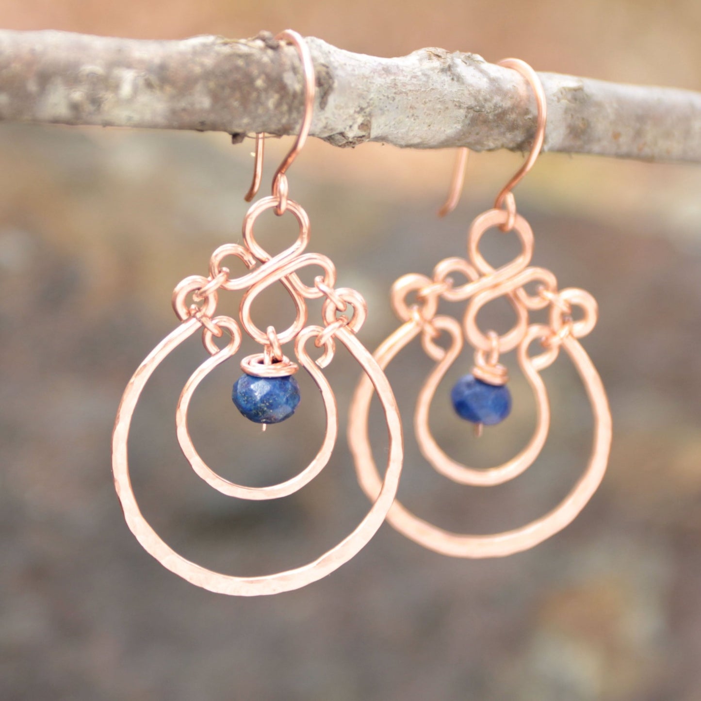 Copper Chandelier Earrings with Lapis Drops