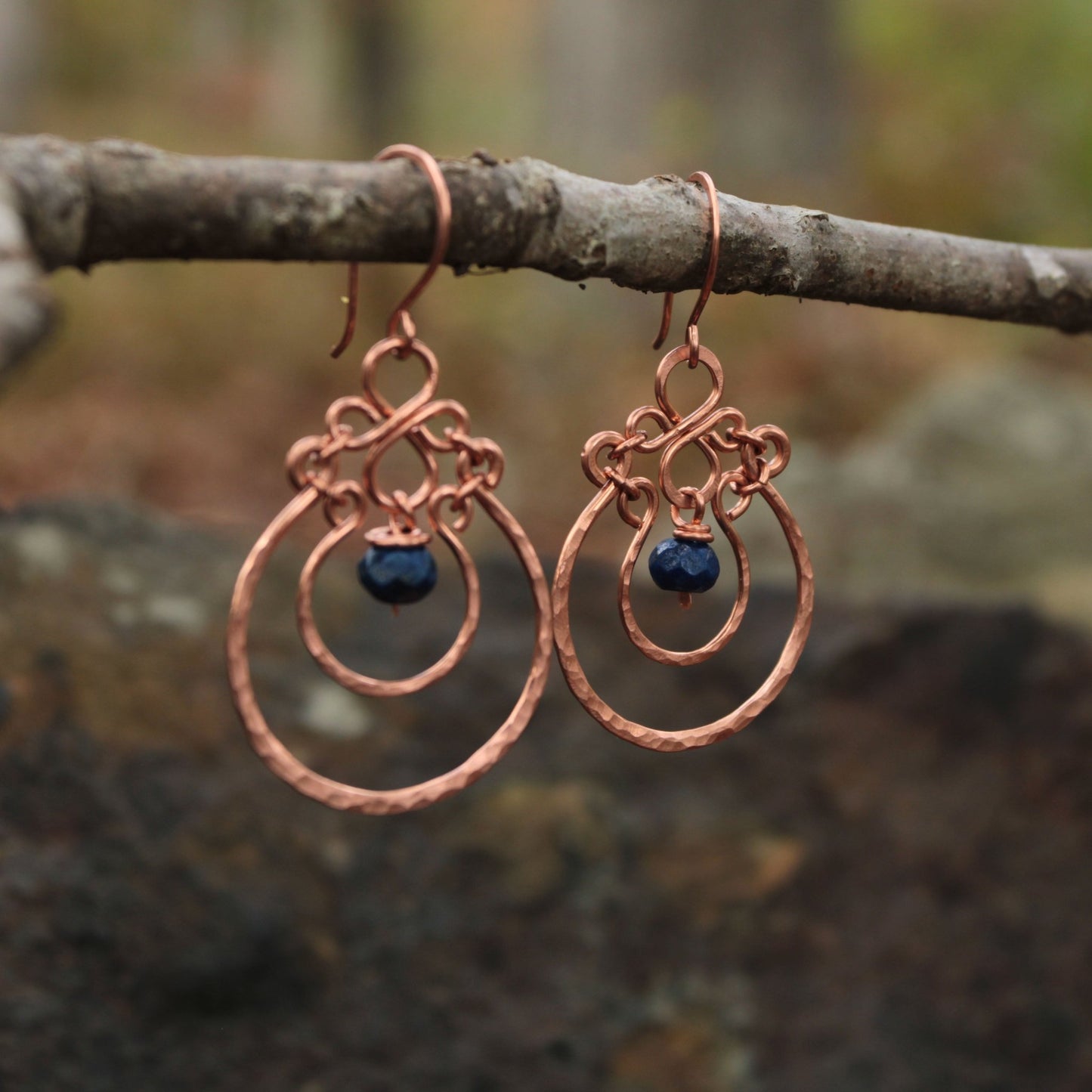 Copper Chandelier Earrings with Lapis Drops