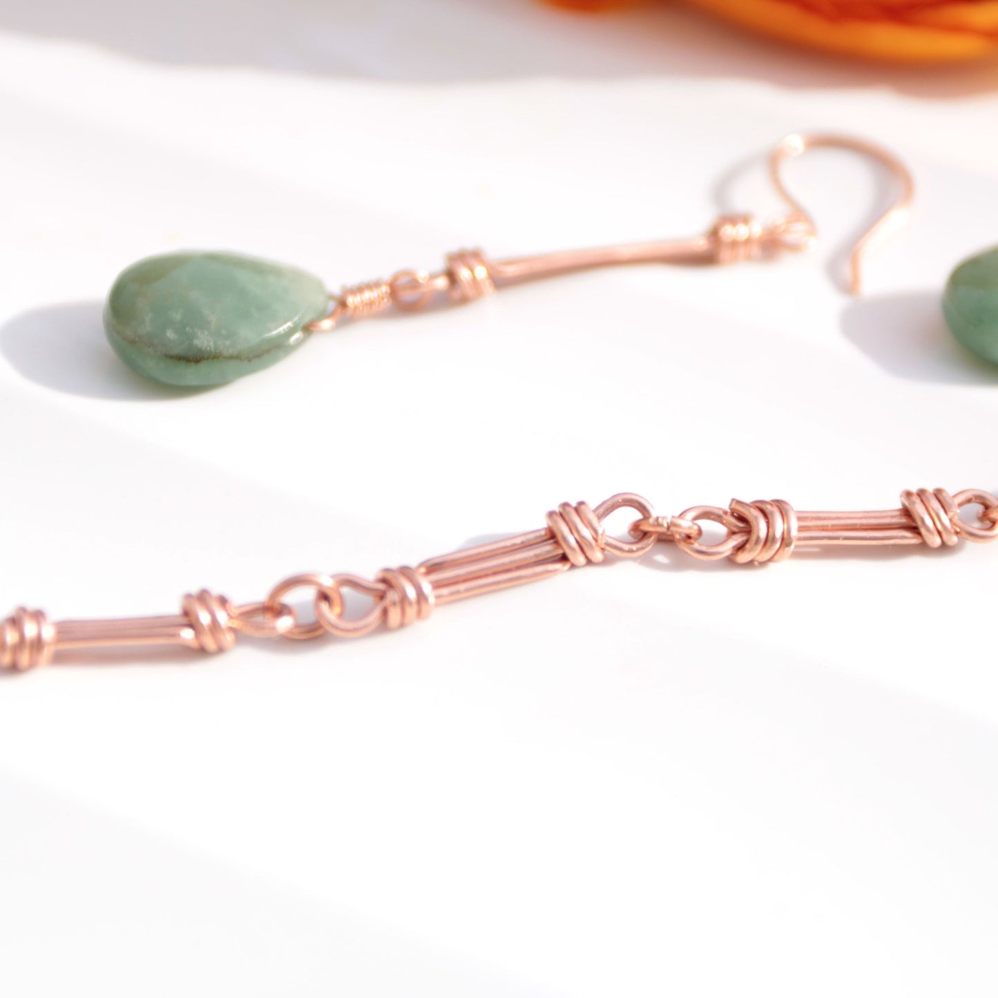 Handcrafted Copper Earrings with Faceted Aventurine Drops – Earthy and Elegant Design